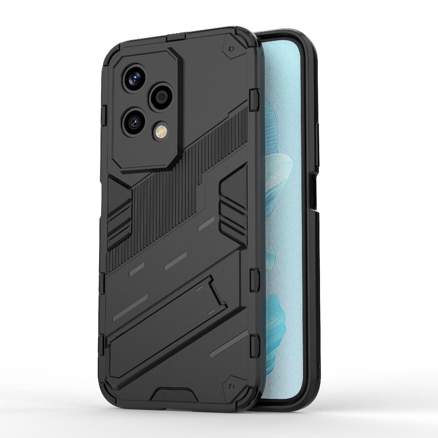 Wigento Handyhülle Für Honor 200 Lite Punk Armor TPU / PC Schutz Hülle Halterung Schwarz