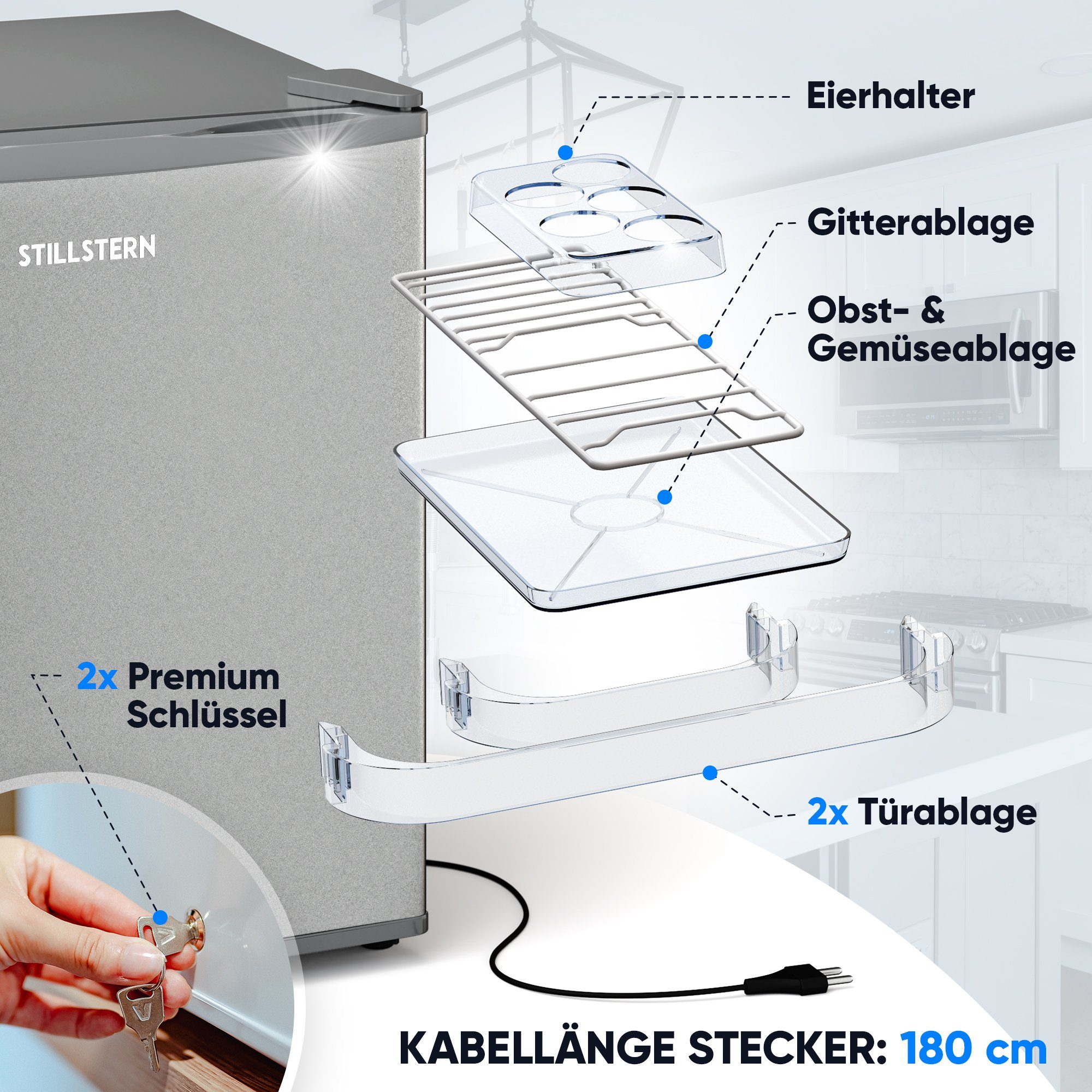 Stillstern Table Top Kühlschrank KB 46.2, 45 cm hoch, 51 cm breit, Mini Kühlschrank E 45L mit Abtauautomatik
