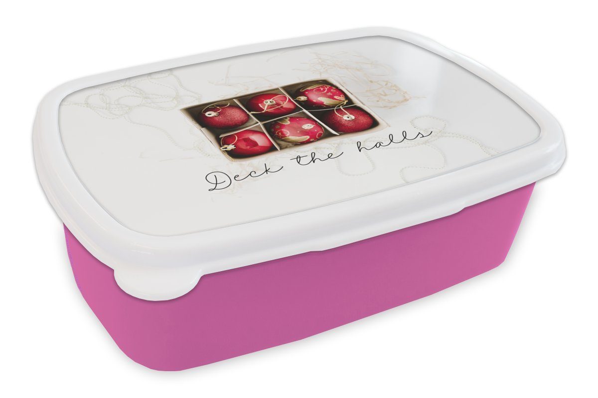 MuchoWow Lunchbox Weihnachtskugeln - Rot - Gold, Kunststoff, (2-tlg), Brotbox für Erwachsene, Brotdose Kinder, Snackbox, Mädchen, Kunststoff rosa