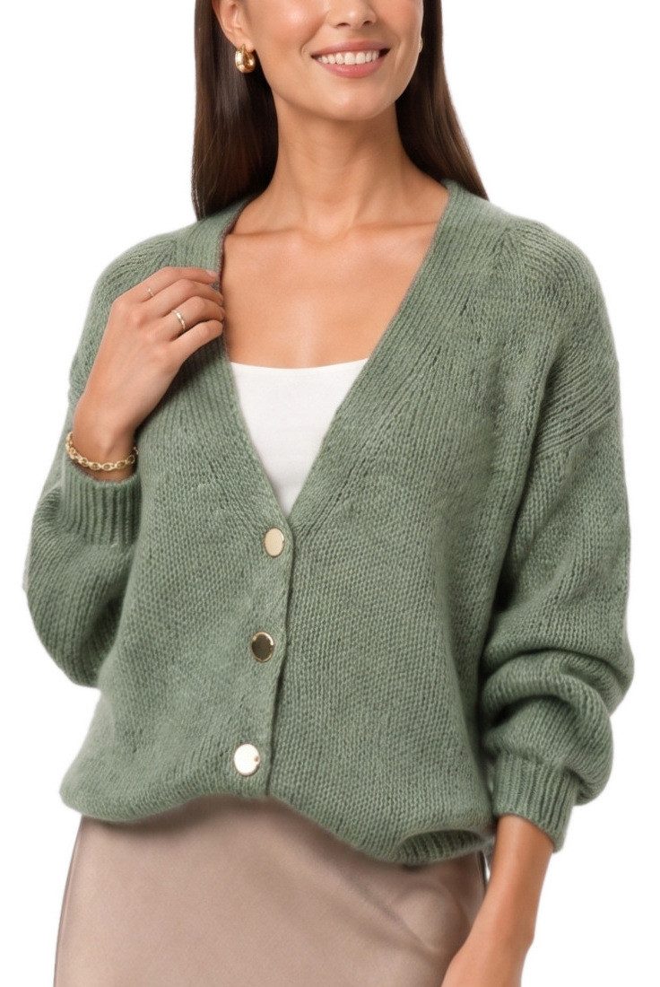 dy_mode Strickjacke Damen Cardigan Grobstrick Strickjacke V-Ausschnitt Übergangsjacke Grobstrick, in Unifarbe, V-Ausschnitt
