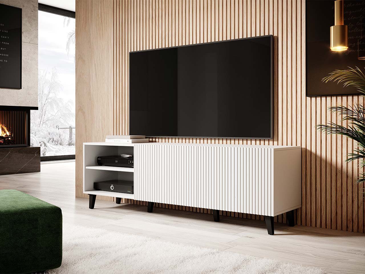 Mirjan24 TV-Schrank Pafos 150 TV-Tisch mit 2 Türen, Modern Wohnzimmer TV-Kommode Weiß / Weiß + Schwarz