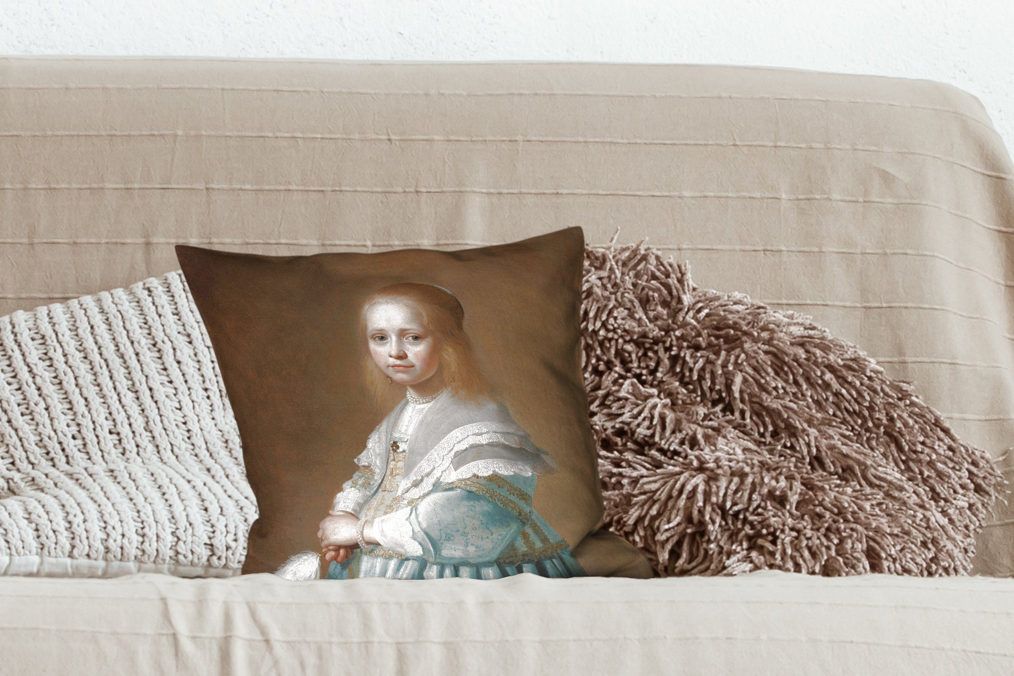 eines für MuchoWow in Dekokissen Füllung Johannes Sofakissen Gemälde Porträt Zierkissen Blau Mädchens mit Deko, Wohzimmer, Schlafzimmer, Cornelisz., - von