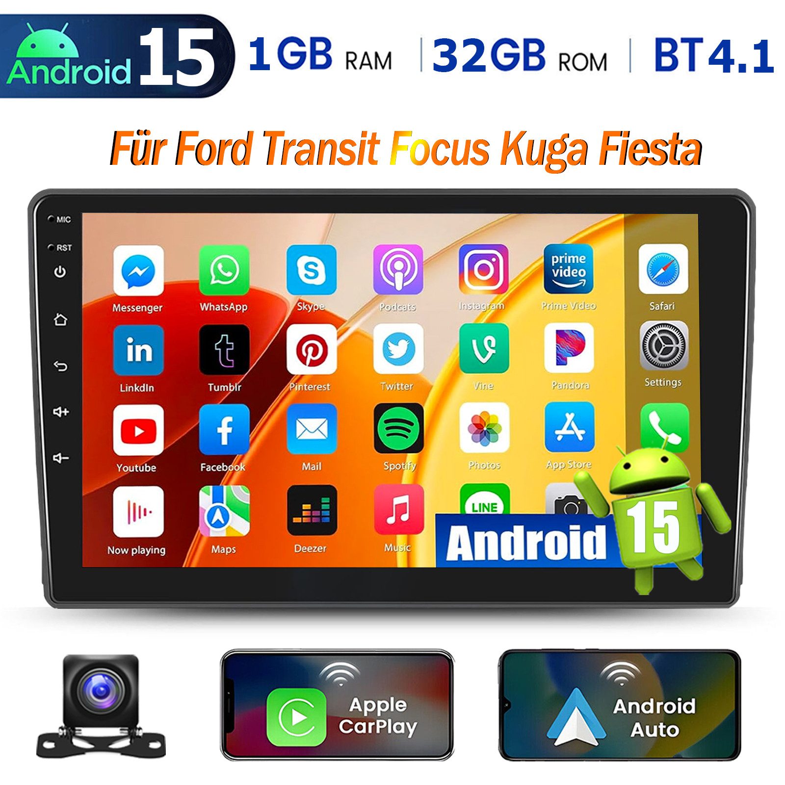 ESSGOO 9'' Android 15 6+128G Autoradio Carplay Für Ford Transit MK7 Focus II Navigationsgerät (Apple Carplay Android Auto GPS Navi WIFI BT 4.1 EQ)