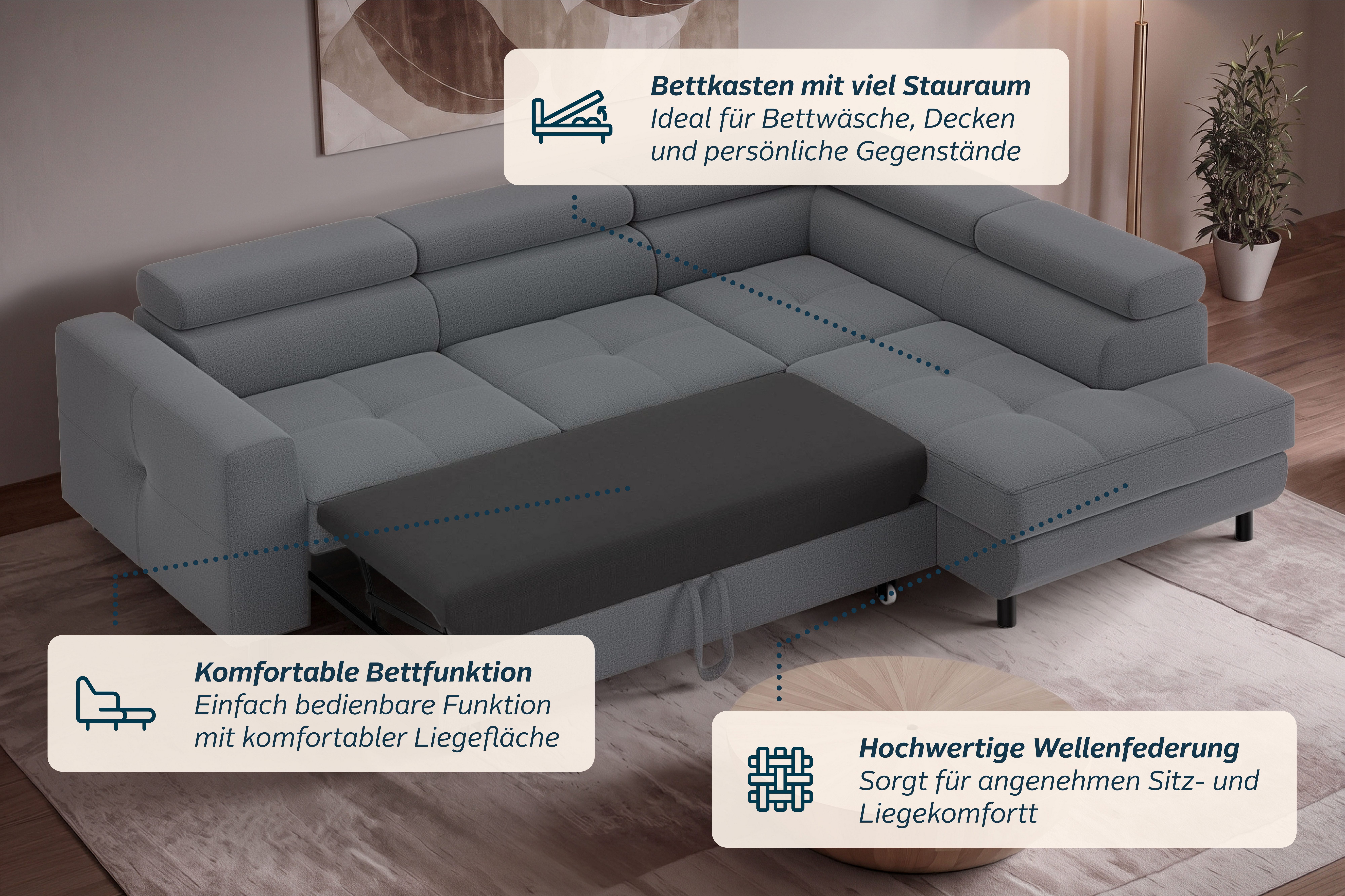 OTTO home Ecksofa AADEN Schlafsofa 254 cm - OTTO. Verlässliche Qualität., mit Bettfunktion, Bettkasten, Kopfstützen, rechts/links bestellbar – Bild 4 von 5