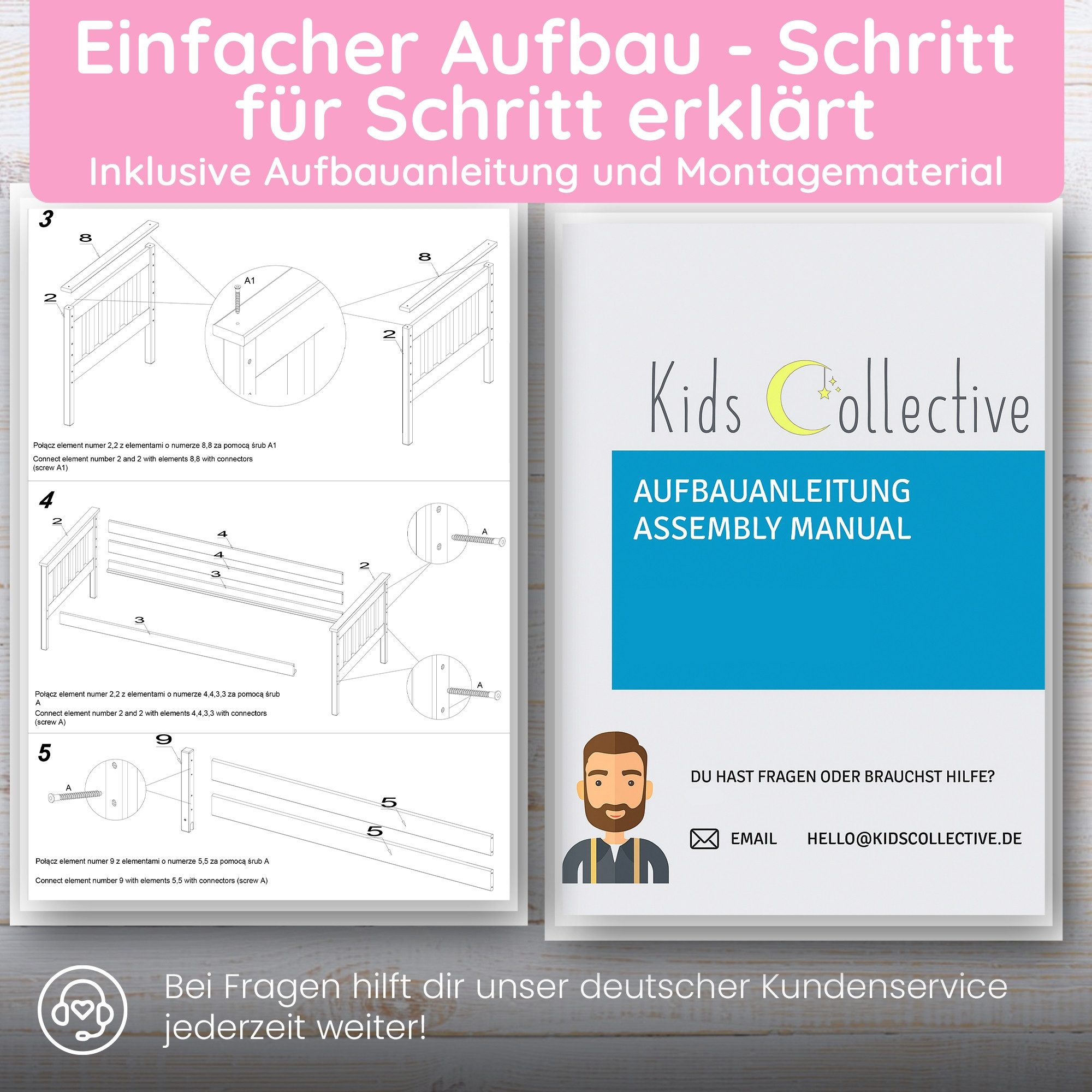 Kids Collective Bunk Bed, Loft Bed, Children's Bed 90x200 cm with Safety Rail & Slatted Base, Bed for Girls & Boys 90x200 cm, Solid Pine Wood, White