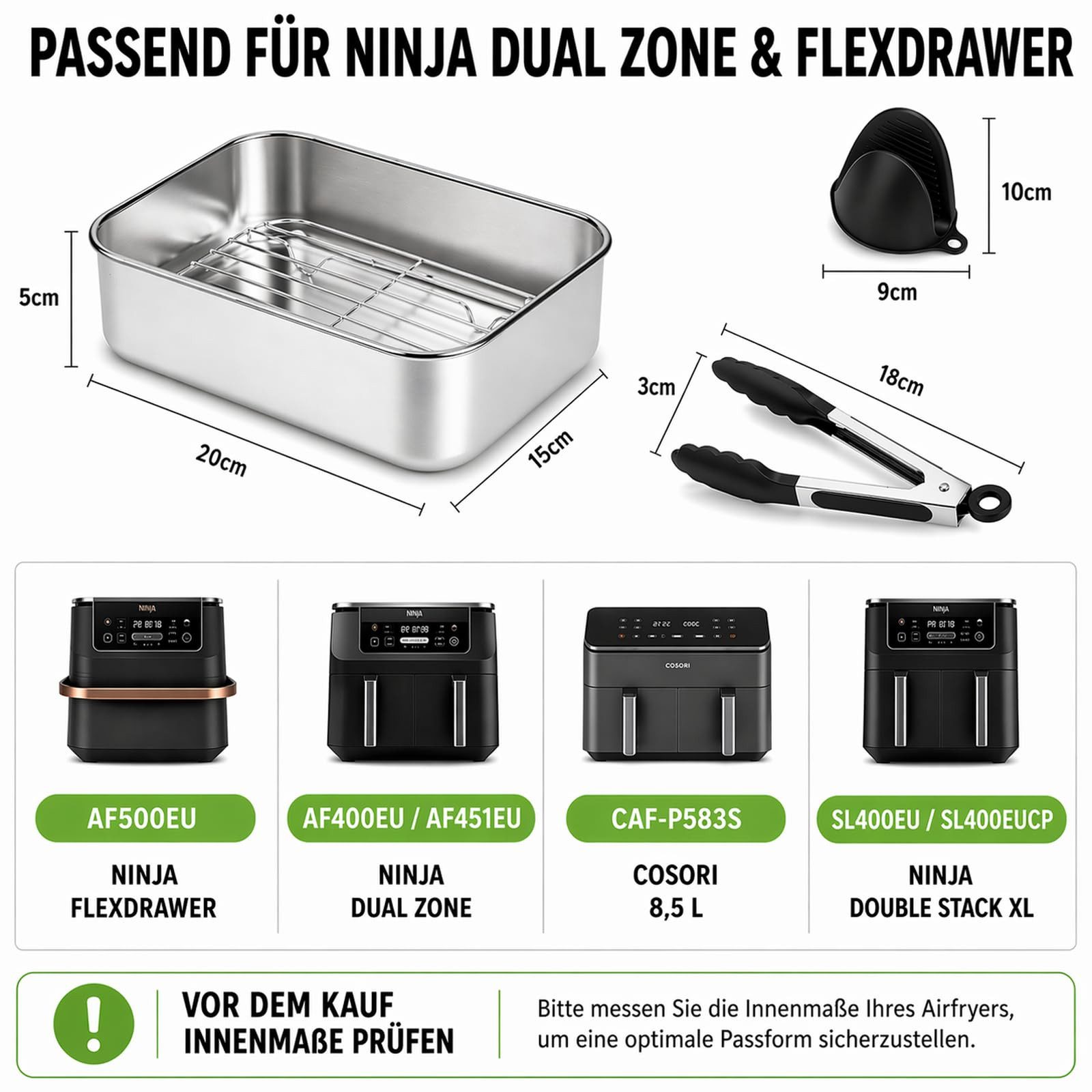 SURFOU Backform für Ninja Heißluftfritteuse, 6-tlg Airfryer Zubehör für Ninja Airfryer, (Zubehör für Ninja Dual Zone & FlexDrawer – 6-tlg. Heißluftfritteuse Zubehör für AF500EU AF400EU AF451EU DZ400EU, 2 x Auflaufformen & 2 x Grillroste aus Edelstahl 304, Silikonzange & Handschuhe, spülmaschinenfest), Rostbeständig, langlebig und BPA-frei