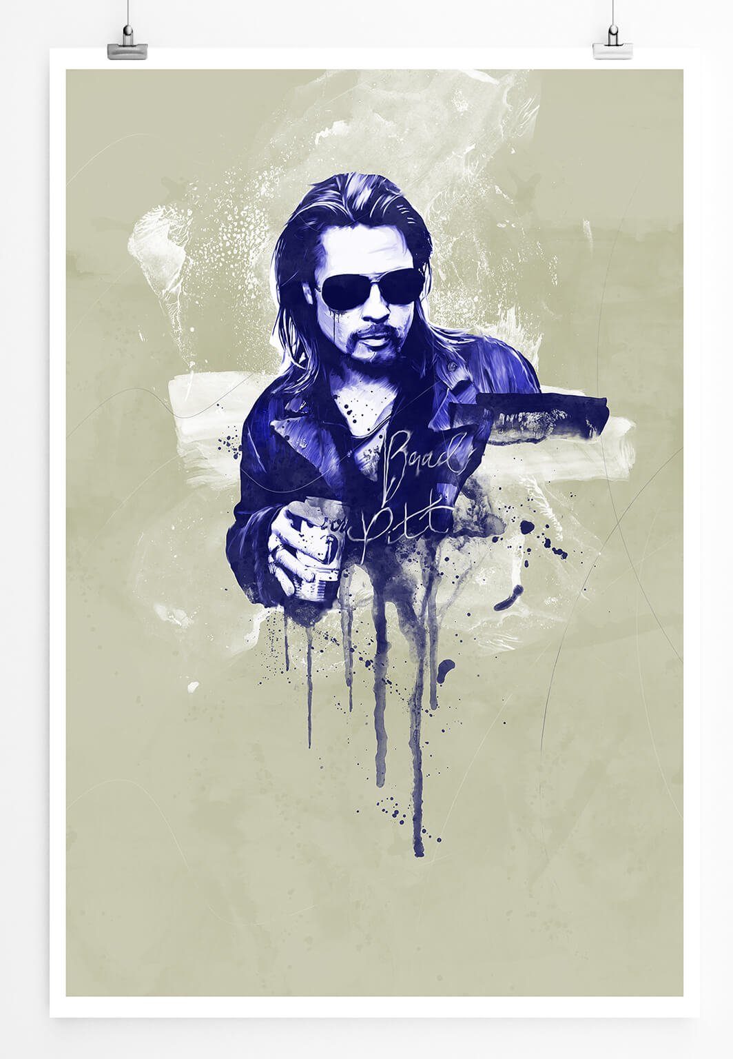 Sinus Art Leinwandbild Brad Pitt 90x60cm Paul Sinus Art Splash Art Wandbild als Poster ohne Rahmen gerollt