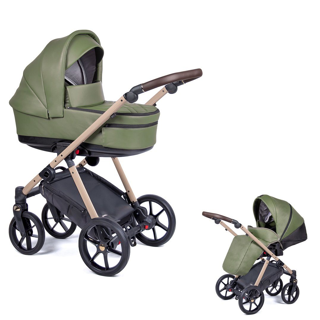 babies-on-wheels Kombi-Kinderwagen 2 in 1 Kinderwagen-Set Axxis Premium - 14 Teile - in 12 Designs Dunkelgrün = Gestell beige