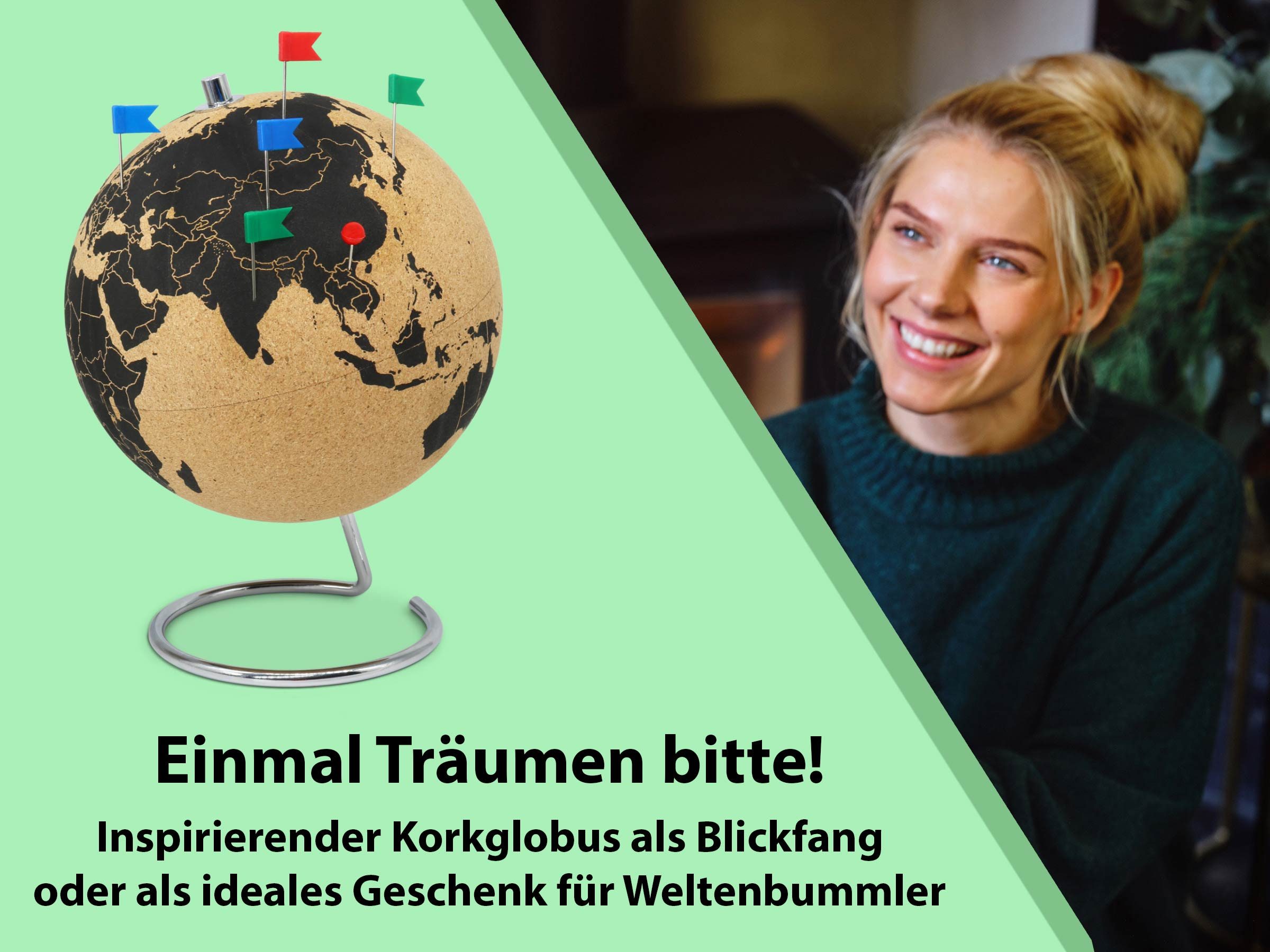 Feinknick Globus Drehbarer Korkglobus mit 54 unterschiedlichen Pinnadeln, Globus aus Kork 25cm hoch als ideale Geschenkidee