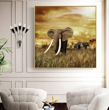 TPFLiving Kunstdruck (OHNE RAHMEN) Poster - Leinwand - Wandbild, Elefanten in der Savanne mit goldenen, braunen und beigen Farbtönen (Verschiedene Größen), Farben: Leinwand bunt - Größe: 30x30cm