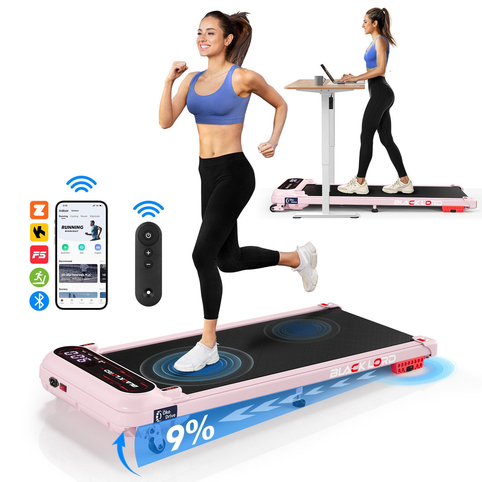 Laufband 3,0PS Motor, 12 km/h, mit Steigung, Bluetooth App Steuerung, 390mm