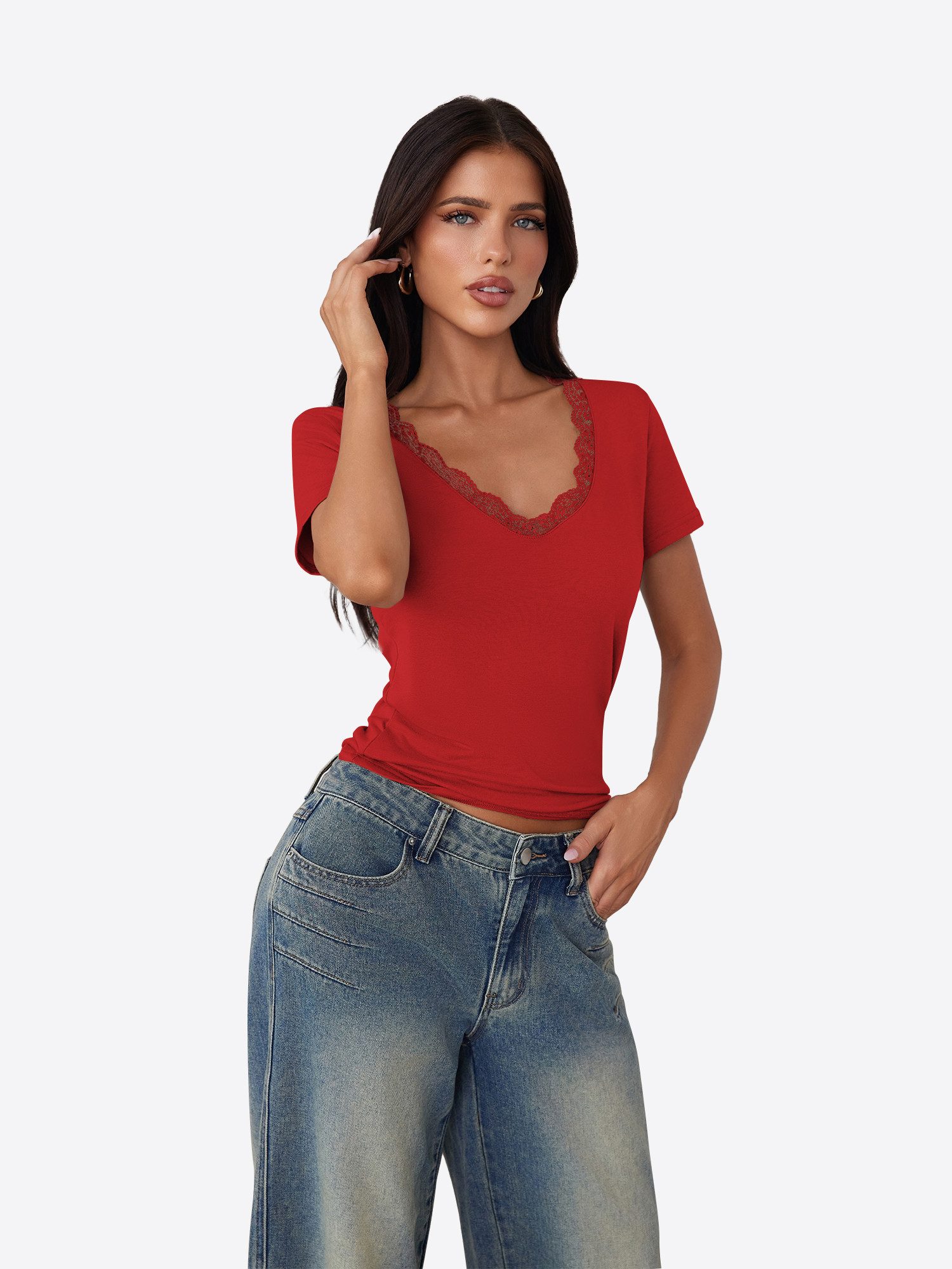 Imily Bela T-Shirt Damen Slim-Fit Tops aus Spitze (Packung, 1-tlg., 1per-Pack) einfarbig – Bild 5 von 5