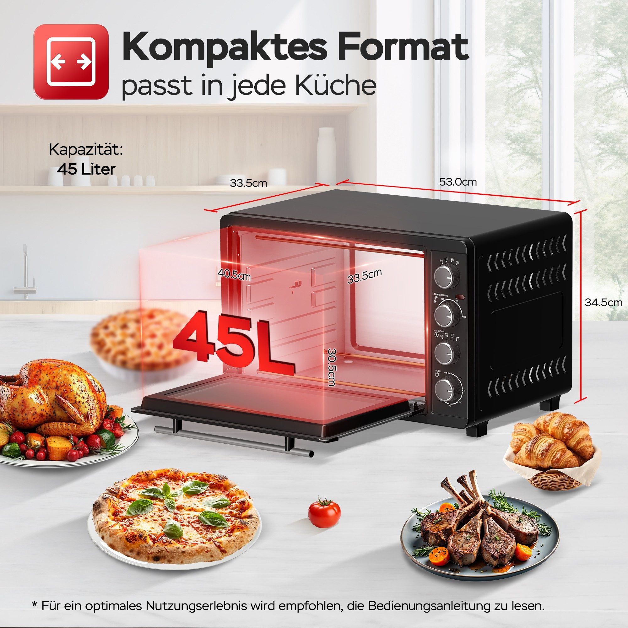 TurboTronic by Z-Line Minibackofen 45 Liter inkl. Drehspieß, Grillrost & 2x Backblech 2000W Elektroofen, Pizzaofen 80-230°C Tischbackofen, Camping, Grillofen, XXL Zubehör
