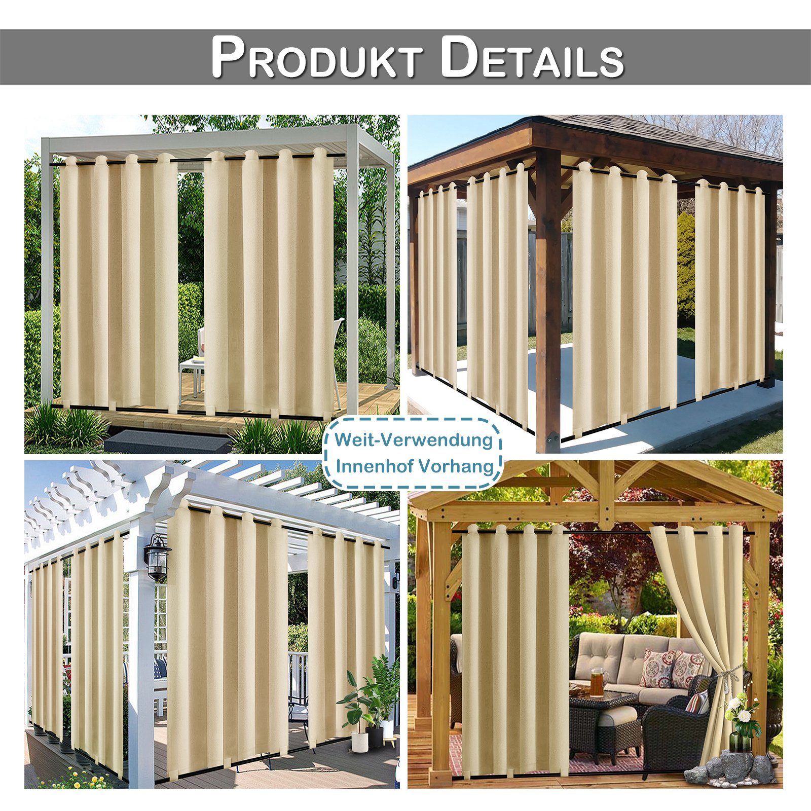 Sunicol Gardine Outdoor Vorhang,Wasserdicht,Oben Unten mit Ösen,für Veranda Rasen (2 St), abdunkelnd, Winddicht,UVschut