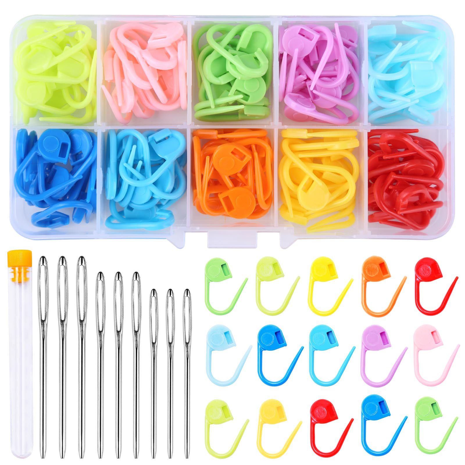 FOUORTUNATE-BEE Stricknadeln 130 Stück Häkel-Maschenmarkierer, 10 Farben, Strickmarker, Häkelklammern, 9 Stück Nähnadeln mit großem Öhr, mit Aufbewahrungsbox für DIY Häkel-Bastelprojekte