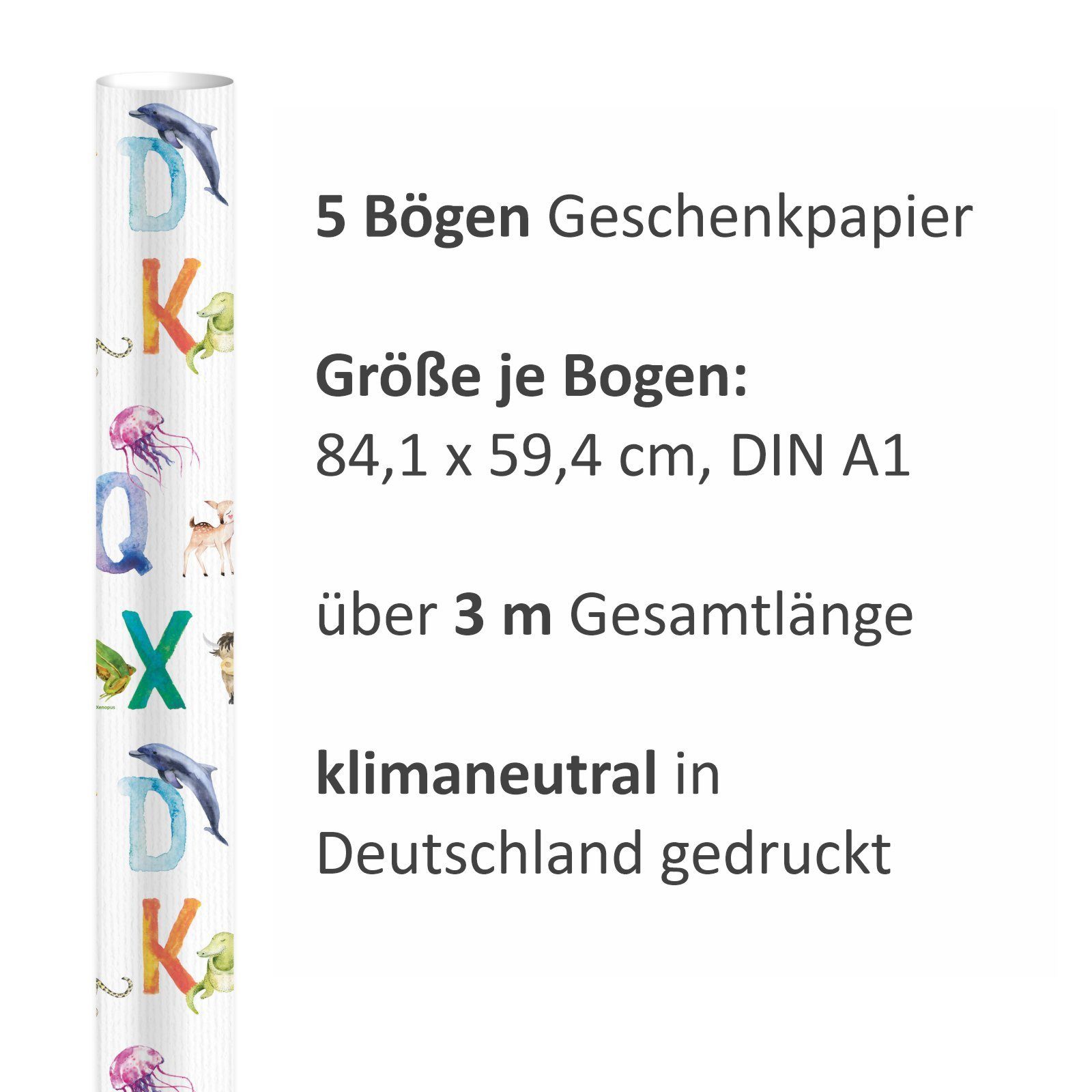 nikima Packpapier Tier ABC Aquarell bunt Geschenkpapier, 5 Bögen