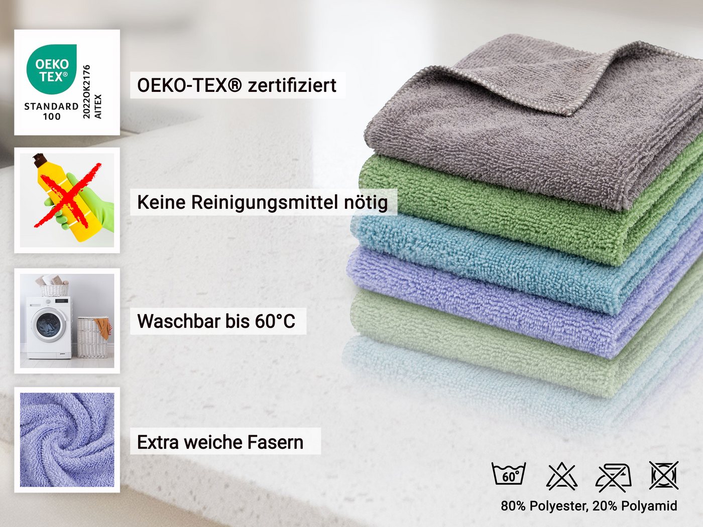 Thumbnail - ZOLLNER Reinigungstücher (80% Polyester, 20% Polyamid, 30x30 cm, 20-tlg., Streifen- & Flusenfreies Reinigen, saugstark, ...