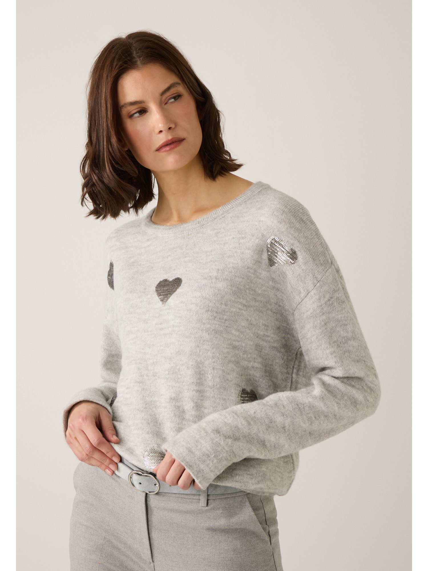 MORE&MORE Rundhalspullover süßer, softer Pailletten-Herzchen-Pullover günstig online kaufen