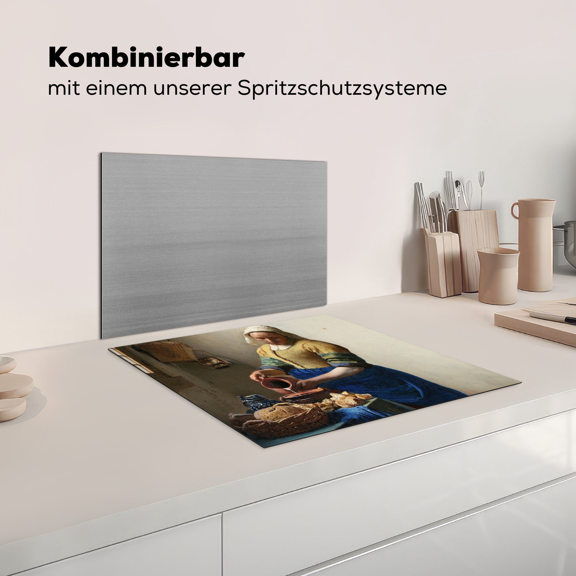 Kunst tlg), - Meister Milchmädchen Induktionsschutz, Induktionskochfeld, - Das Alte MuchoWow Ceranfeldabdeckung Vermeer, cm, 59x51 - Vinyl, (1 Herdblende-/Abdeckplatte