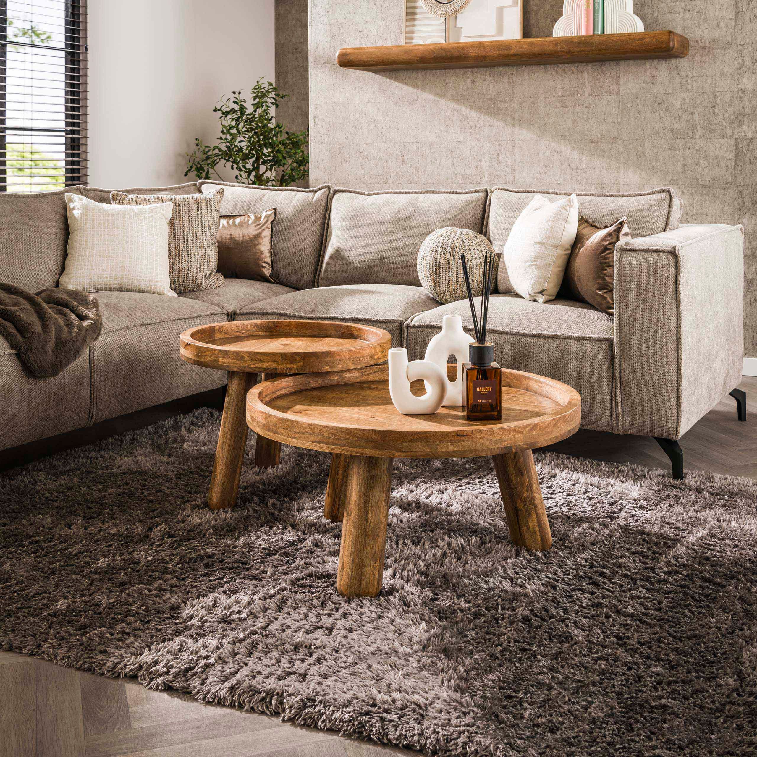 Sitheim-Europe Couchtisch TRIPOD 2er Set Couchtisch 80+60 cm rund Mangoholz massiv (Spar-Set, 2er Set)