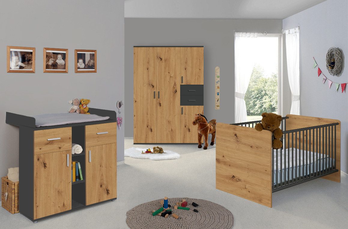 BMG Мебель Babyzimmer-Komplettset BMG Мебель Kinderzimmer Set Elli Kleiderschrank Wickelkommode Babybett, Kleiderschrank,4 Türen, Wickelkommode, Babybett in Artisan Anthrazit