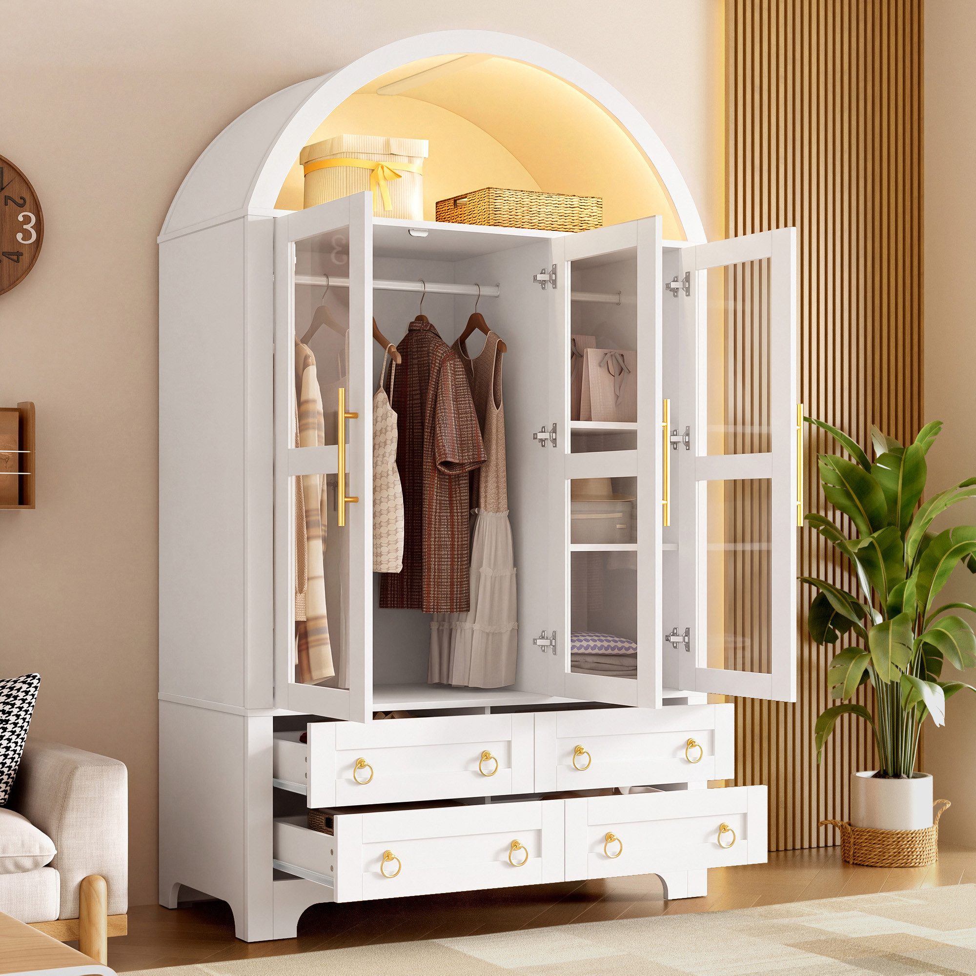 Odikalo Kleiderschrank Kleiderschränke Schlafzimmerschrank mit LED Schubladen Kleiderstange (Flurgarderobe mit 3 Glastüren und 4 Schubladen,