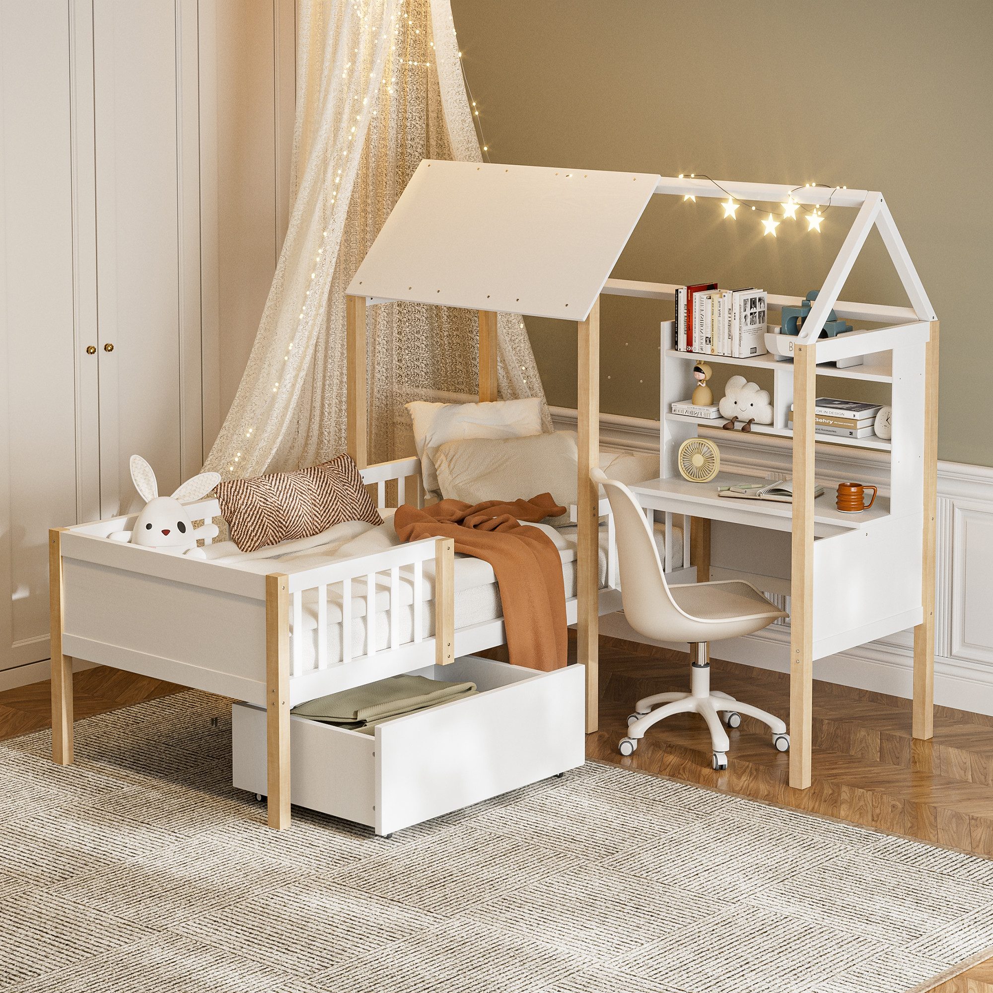 TavilaEcon Kinderbett mit Rausfallschutz, Lattenrost und L-förmigem Schreibtisch (1-tlg), mit Bücherregal, Schubladen mit Rollen, 90×200cm
