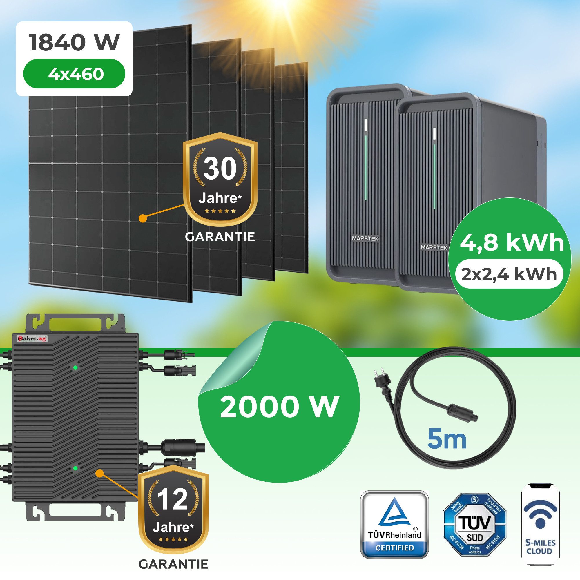 Paket.ag Balkonkraftwerk 1840Watt mit 2000W Wechselrichter & 4,48 kWh Speicher – Plug & Play, (1-St)