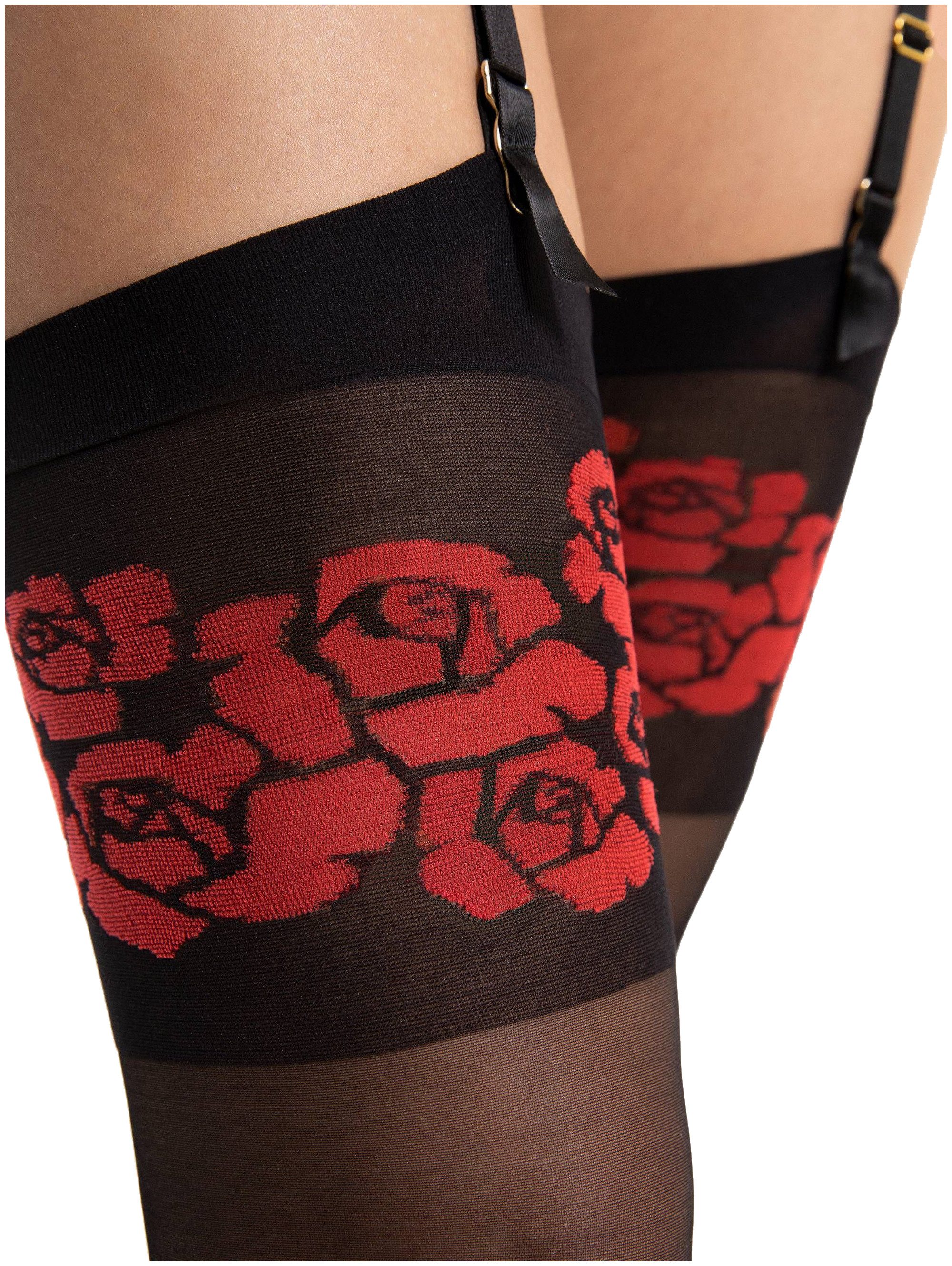 Fiore Strapsstrümpfe Sensual (Packung, 1 Paar) feminine Strapsstümpfe DEN20 mit rotem Rosenmuster