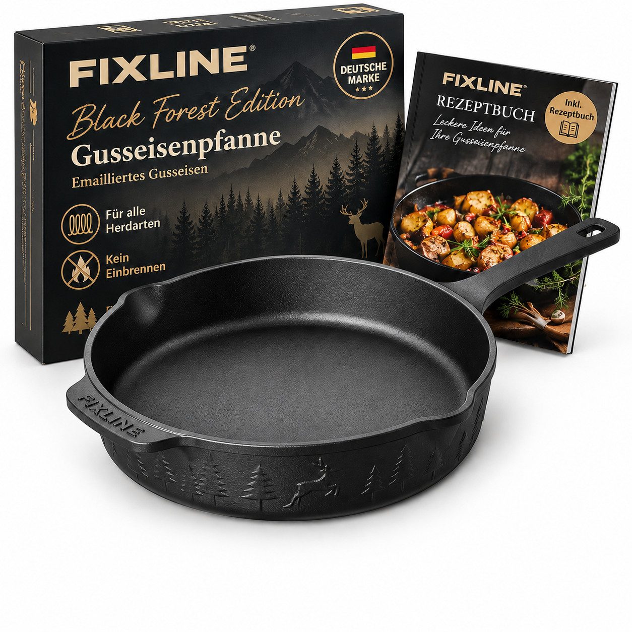FIXLINE Bratpfanne Original Gusseisenpfanne 28cm Black Forest Edition - Emailliert, Gusseisen (Einzel, 1 Gusseisenpfanne), Emailliert, Black Forest Edition
