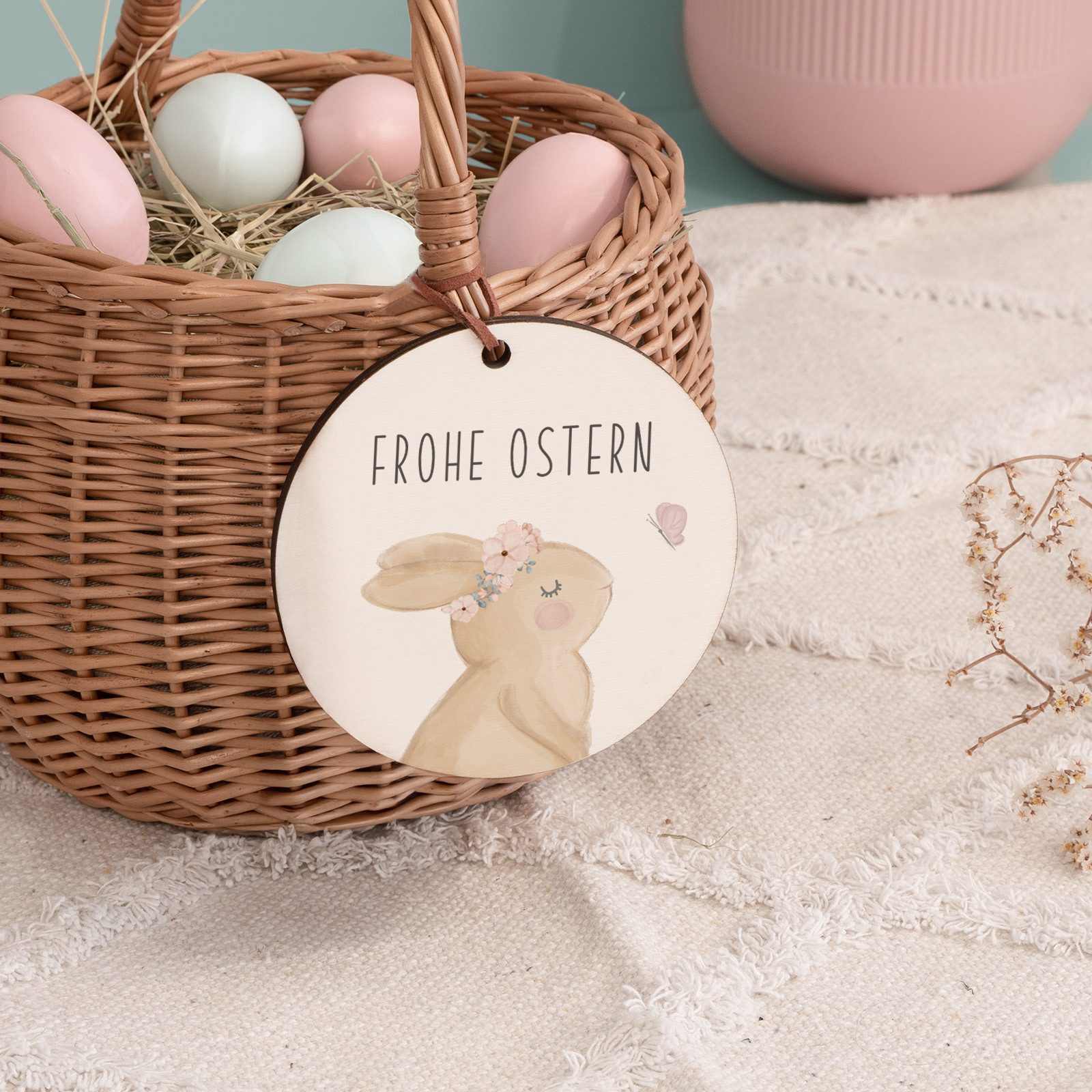 hellomini Dekokorb Osterkörbchen "Frohe Ostern" Flechtkorb m Anhänger Druck Hase klein