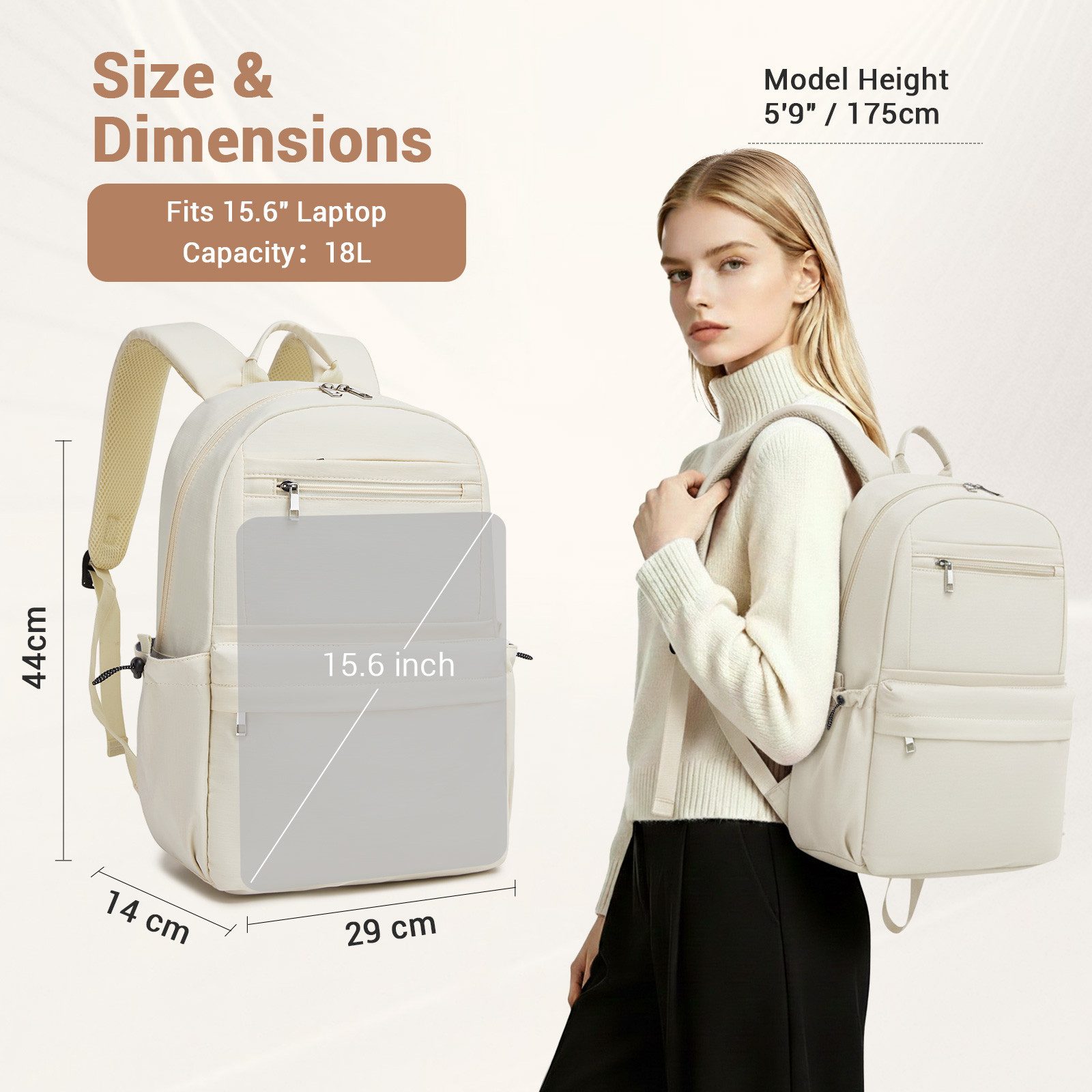 KONO Schulrucksack Laptop-Rucksack 15,6 Zoll, 18L, 44×29×14cm, leicht für Schule