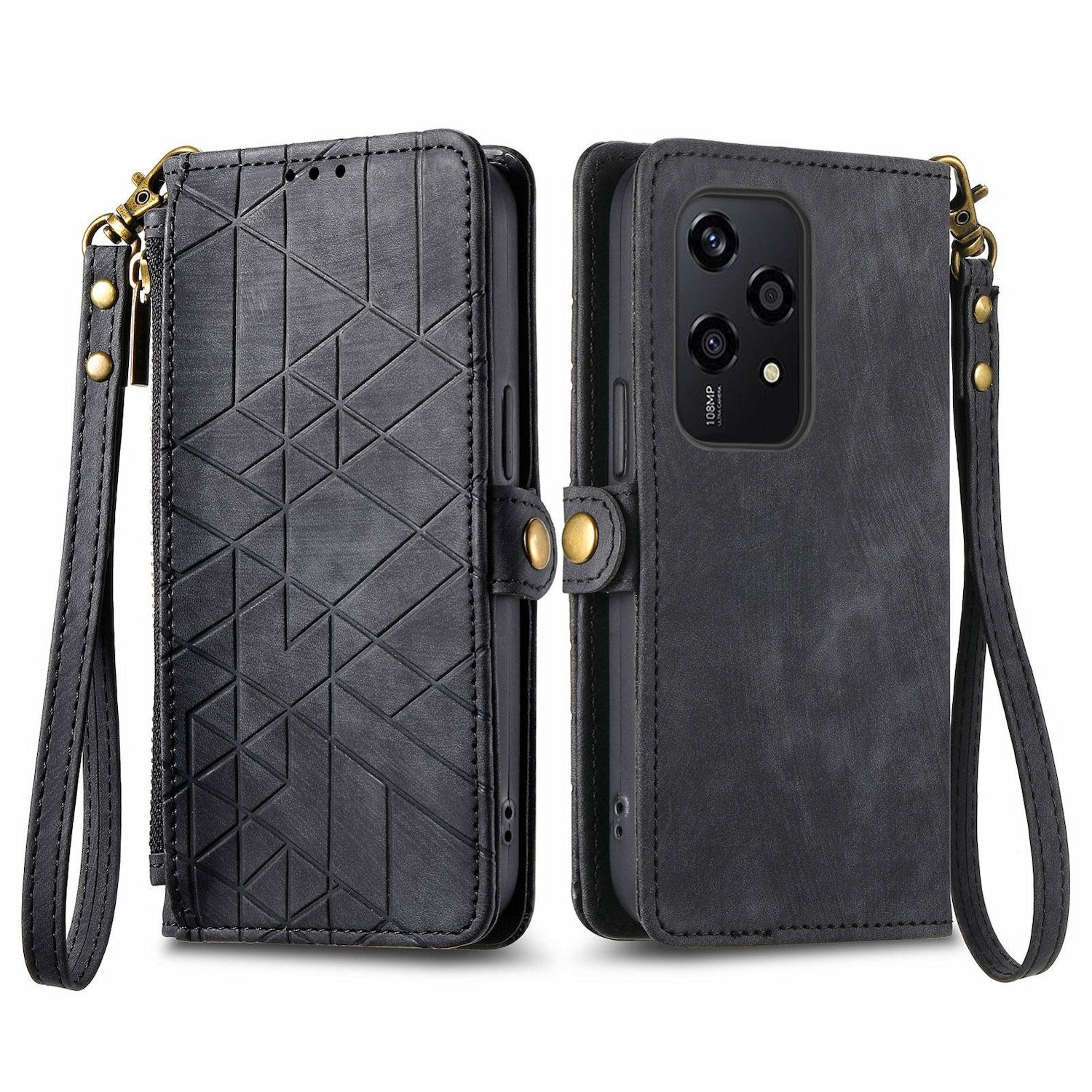 Wigento Handyhülle Für Honor 200 Lite Kunstleder Zipper Wallet Tasche Schlaufe Schwarz, Kunst-Leder Schutzhülle Smart Case Cover Zipper mit Schlaufe