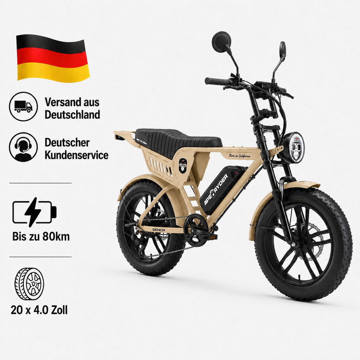APE RYDER E-Bike Trekkingrad 20*4 Zoll Fatbike, 48V 15Ah Akku, bis 80 km, Shimano 7-Gang, 7 Gang, Heckmotor, 720 Wh, Fahrradbeleuchtung, Ständer, Klingel, Hochleistungsakku