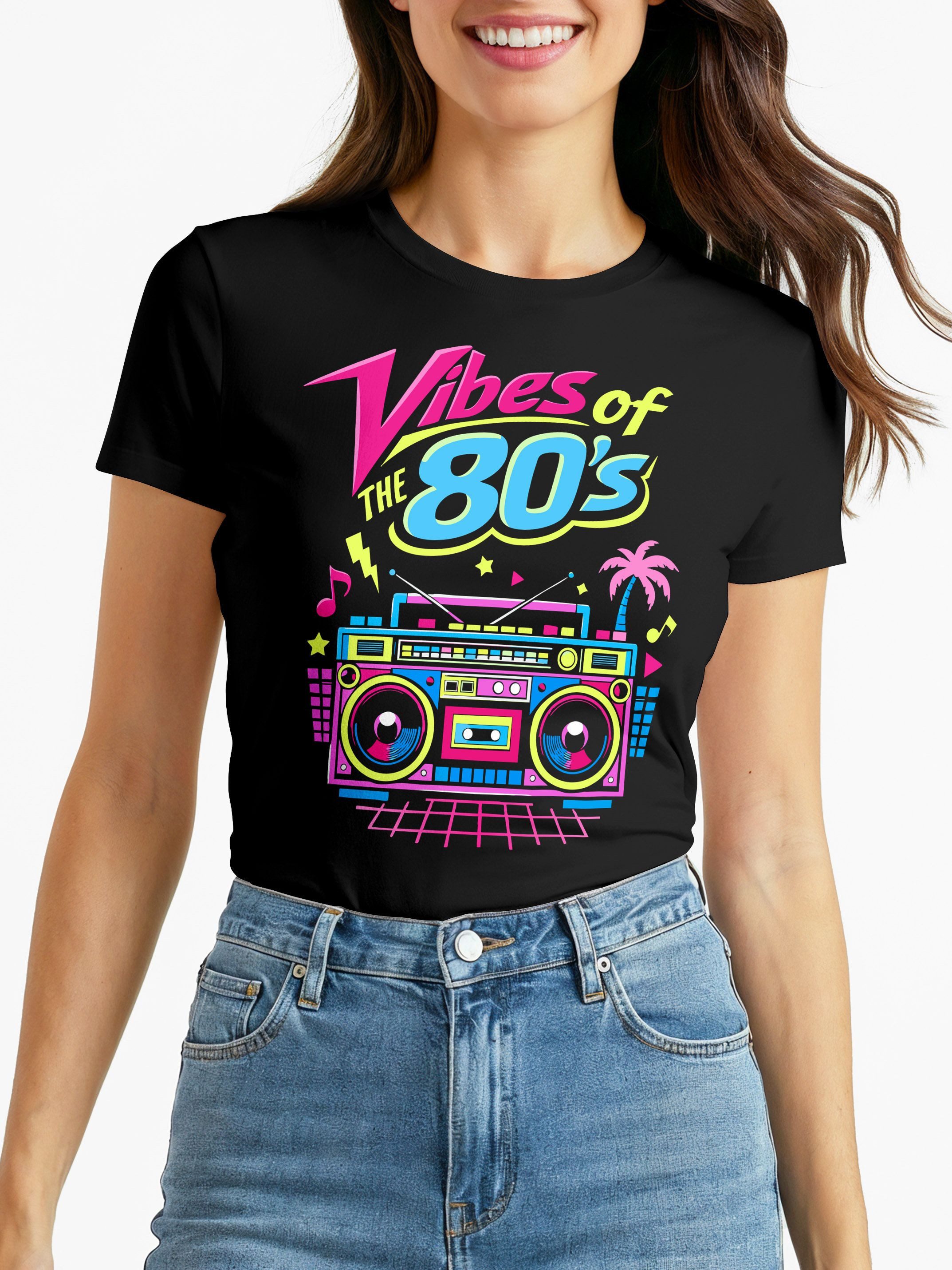 MoonWorks Print-Shirt Damen T-Shirt - 80s-DIY-Outfit- Fasching Karneval Ersatz Verkleidung mit Print