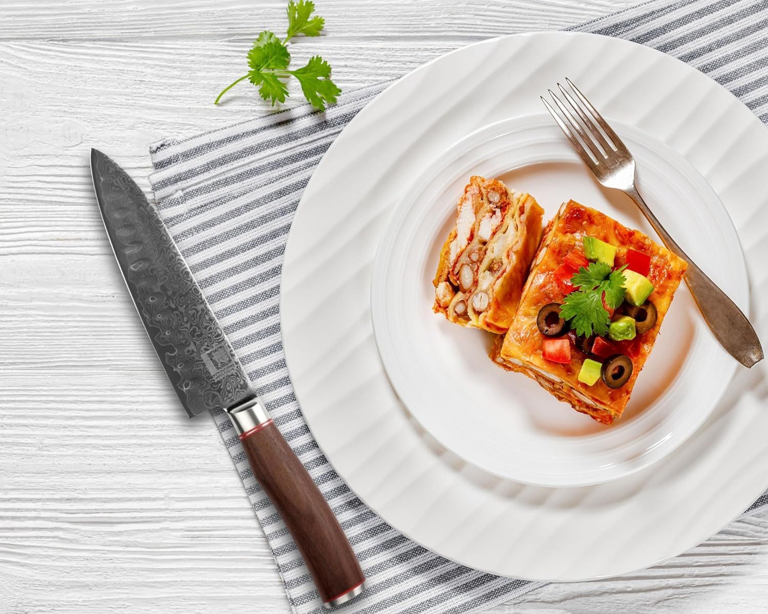 ZAYIKO Santokumesser Kurumi Damast Santoku Küchenmesser 17,5 cm Klinge Nussbaumgriff, Damaststahl, VG10-Kern