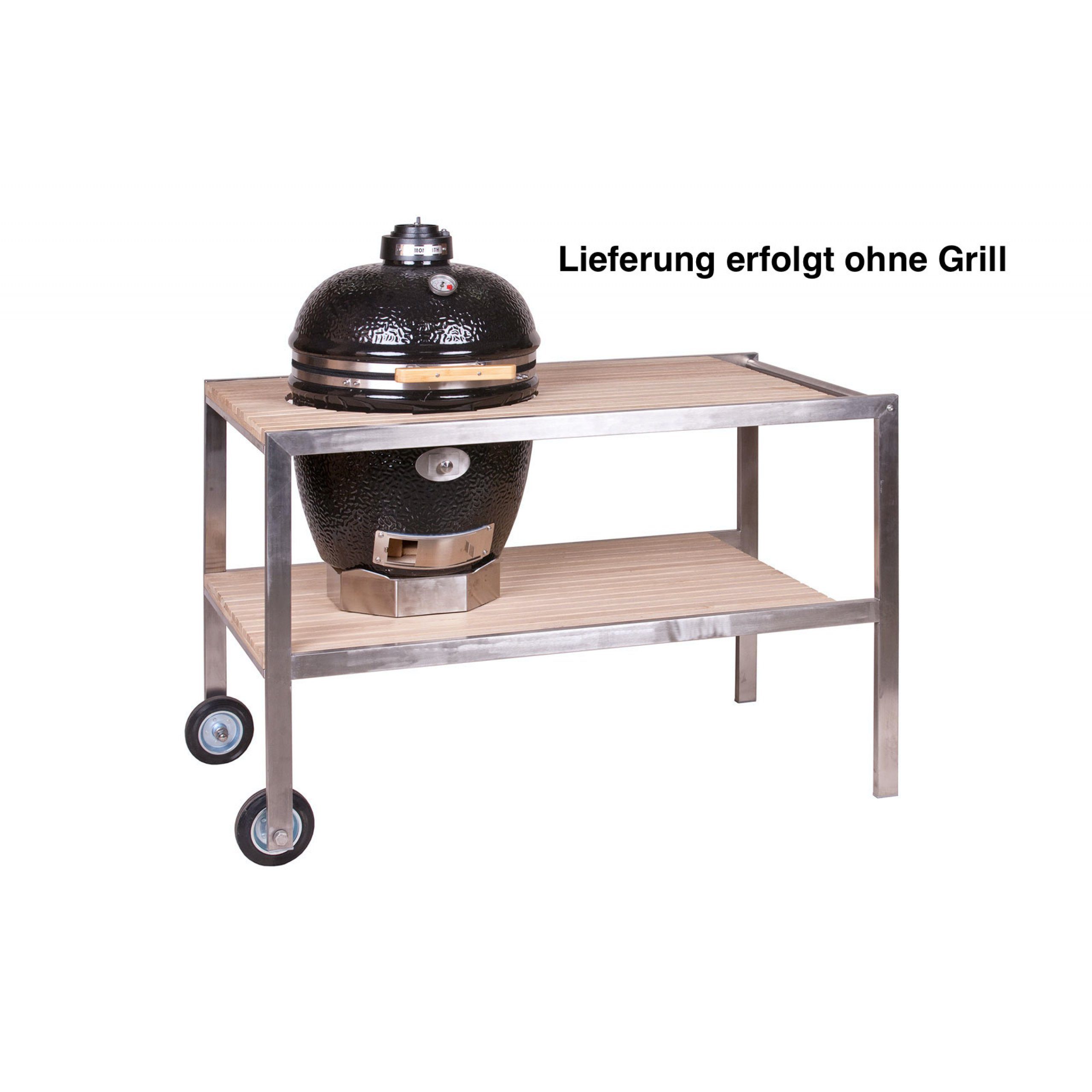 MONOLITH Keramikgrill Monolith Tisch aus Edelstahl & Teak .55 (CLASSIC) fahrbar inklusive