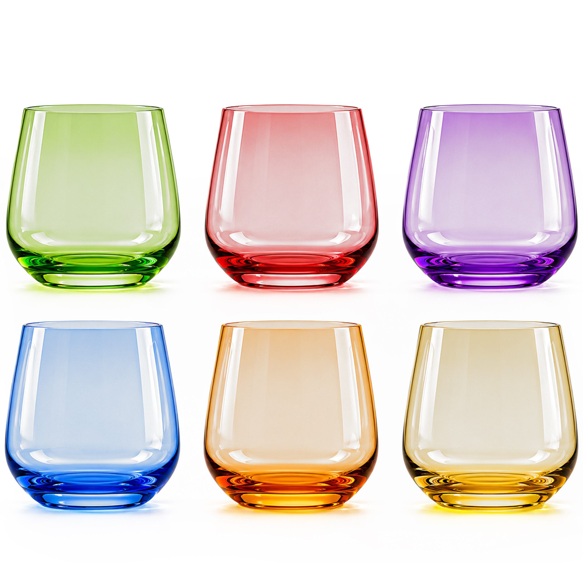 KONZEPT Gläser-Set 6-teilig, 310 ml, bunte niedrige Trinkgläser aus Glas, 6-tlg., 310 ml, Höhe: 8,7 cm, Ø 8,7 cm, Bunt, 6 verschiedene Farben, Standfest
