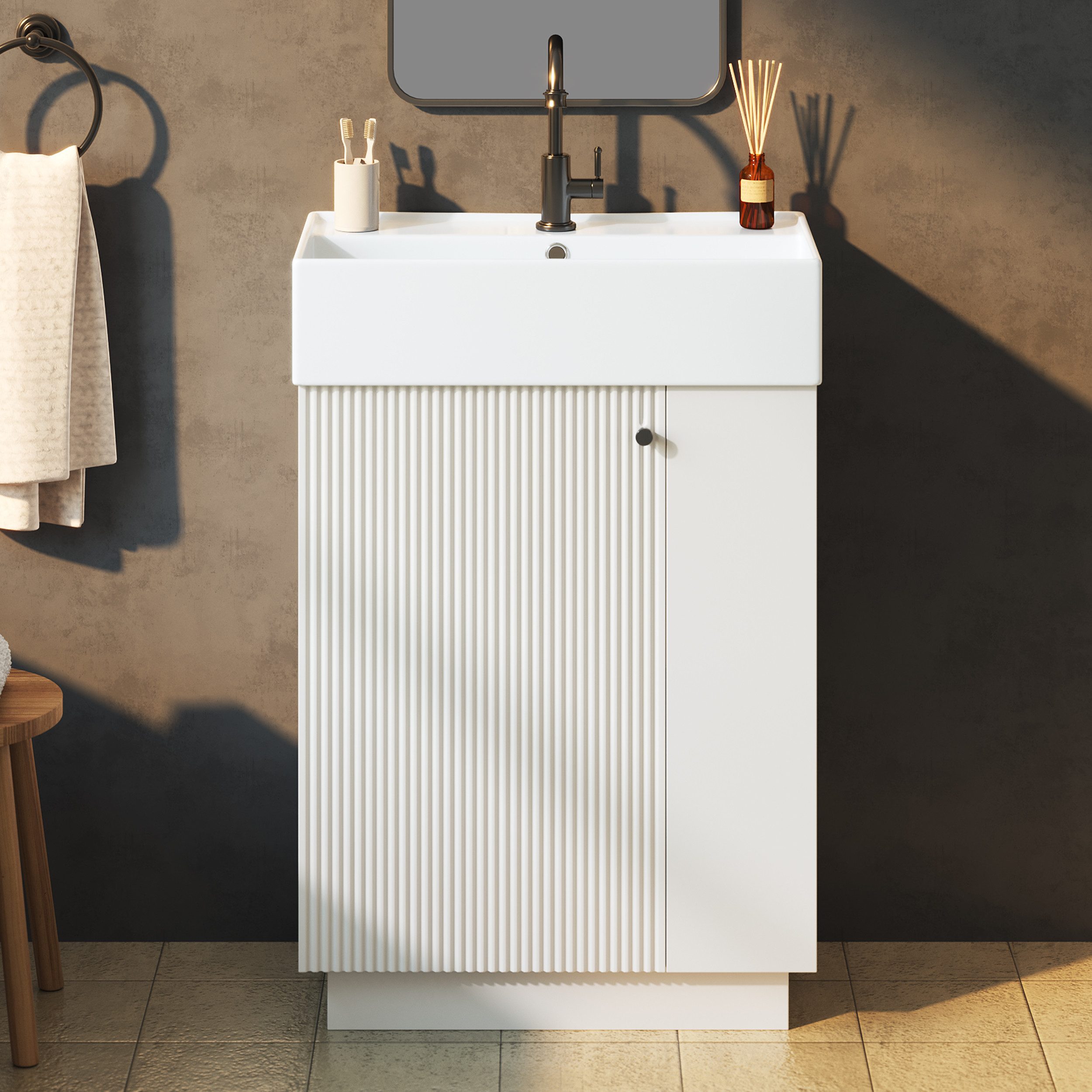 Merax Waschtisch mit Waschbecken, Badmöbel freistehend, geriffelte Holzoptik (55×32×87cm, 1-St., Unterschrank ohne Wasserhahn), Badzimmerschrank mit Soft-Close Tür, Stauraum & Toilettenpapierhalter