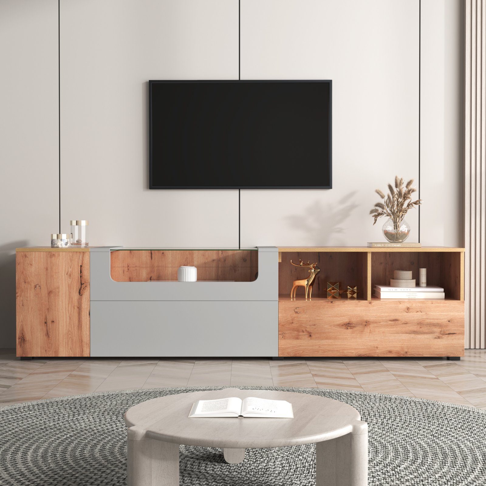 Natur+Weiß TV-Schränke SEEZSSA Wohnzimmer LED-Leuchten und Board Lowboard Farbwechselnden Fernsehtisch mit und TV 190x40x48cm TV-Schrank Fächern Türen TV mit Glasplatte