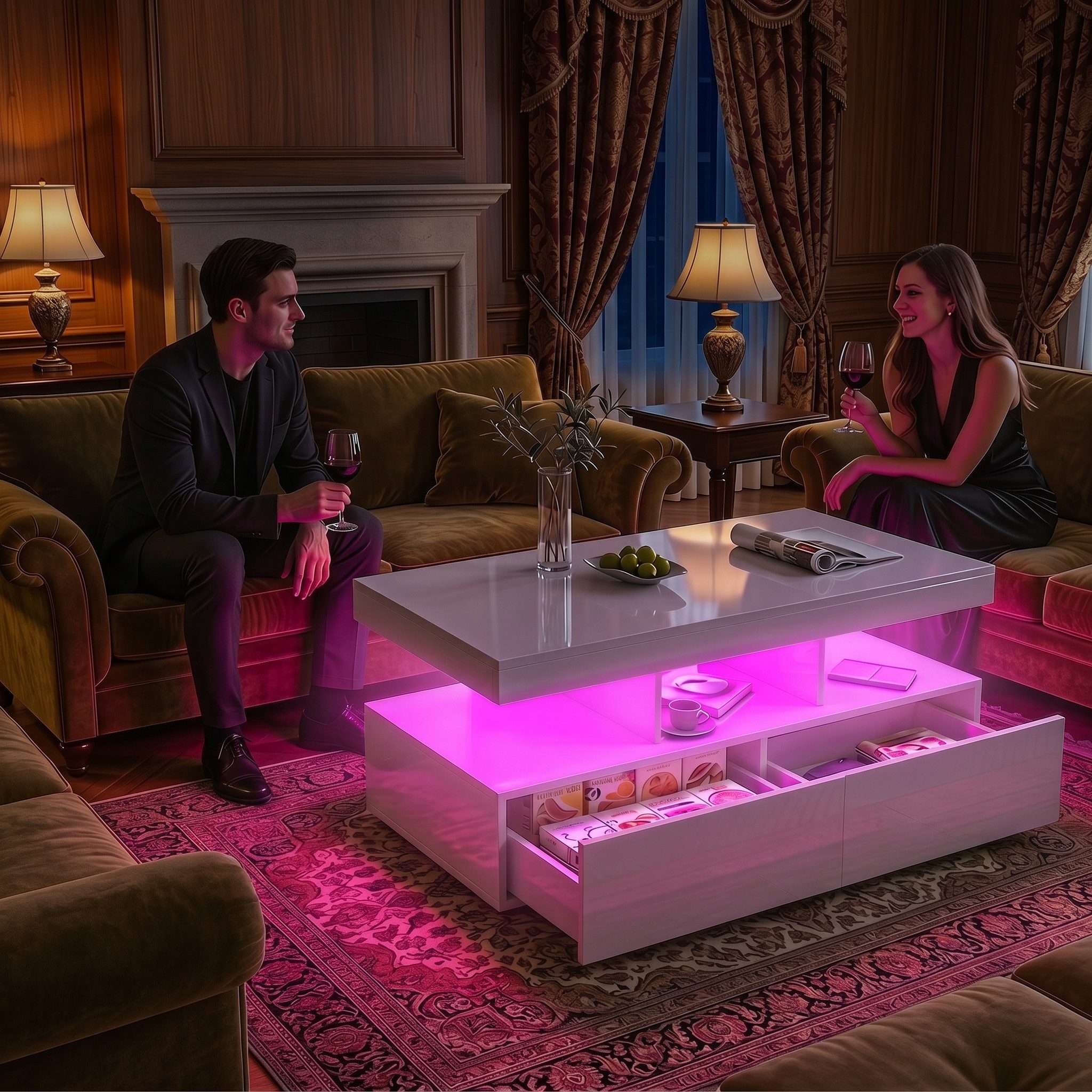 PXloue Couchtisch LED-Couchtisch mit Stauraum und modernem Design (Hochglänzender), Praktischer Tisch mit Schubladen und integrierter Beleuchtung
