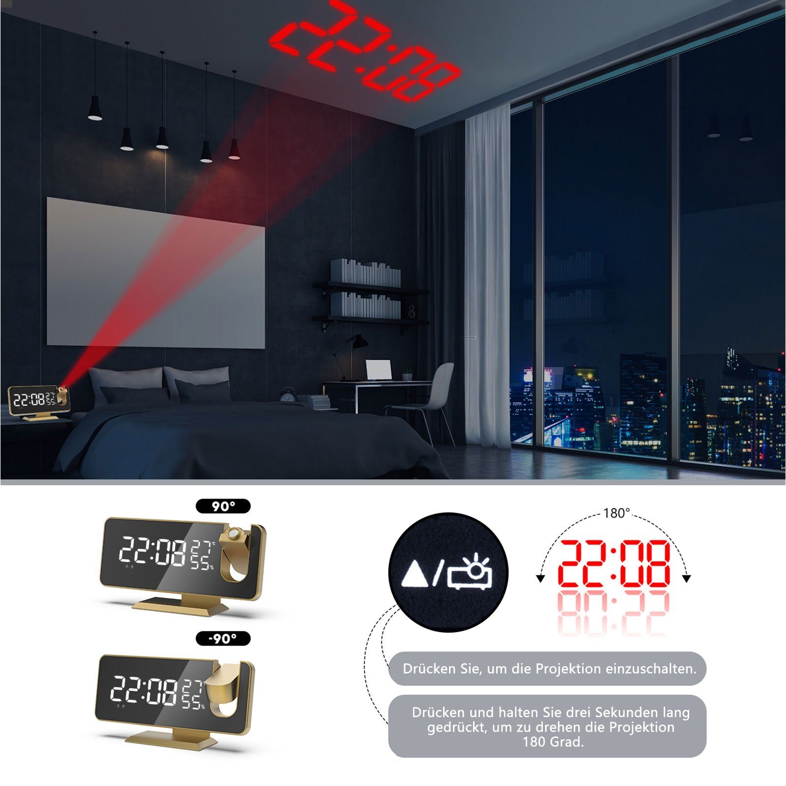 12/24H OKWISH Radiowecker Ziffer Alarm Projektionswecker Akku Temperatur Projektion Gold 180 Dual-Alarm LED Digital Wecker Radio Digitalwecker Schale ohne Weiß Projektion ° USB-Anschluss Farbe