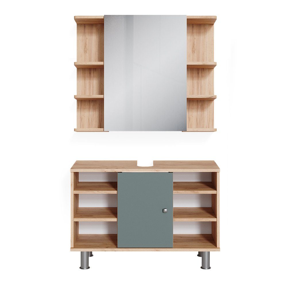 Badmöbel-Set Fynn, Grün/Goldkraft Eiche, 2 Teile, Unterschrank 80 cm