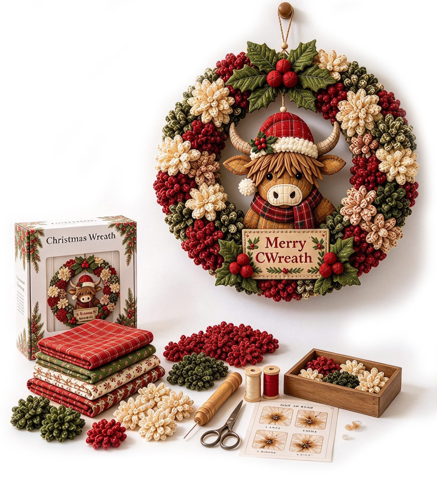 CLTYQ Kreativset 3D-Stoffkranz-DIY-Kreativset, Weihnachtskranz-Patchwork zum Aufhängen, Kreativset für die ganze Familie und Bastelfans