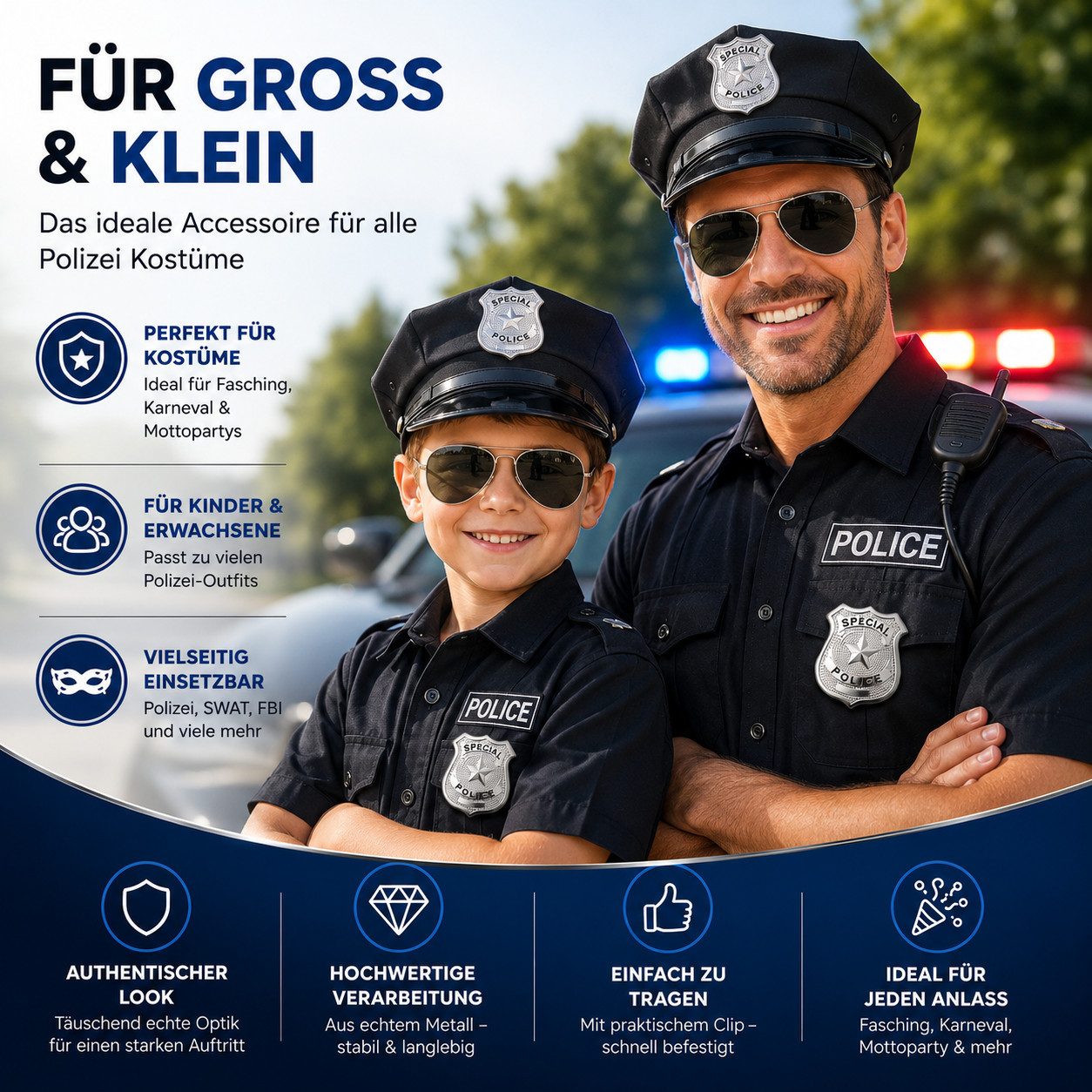 TK Gruppe Kostüm Police Abzeichen Metall silber – Accessoire Fasching & Karneval
