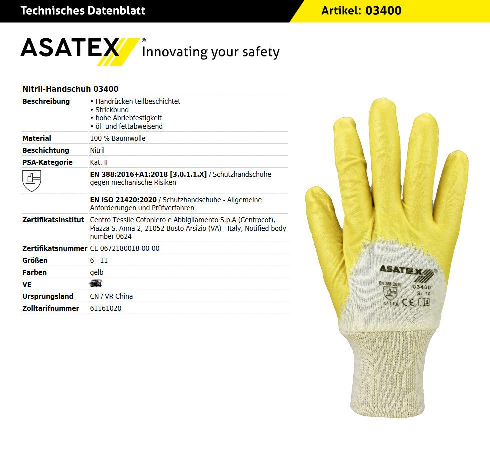ASATEX Arbeitshandschuhe 03400 Nitril Strick-Gartenhandschuh gelb (Packung, 12-St., VPE= 12 Paar, Gr 7-11) Atmungsaktiv/ölbeständig