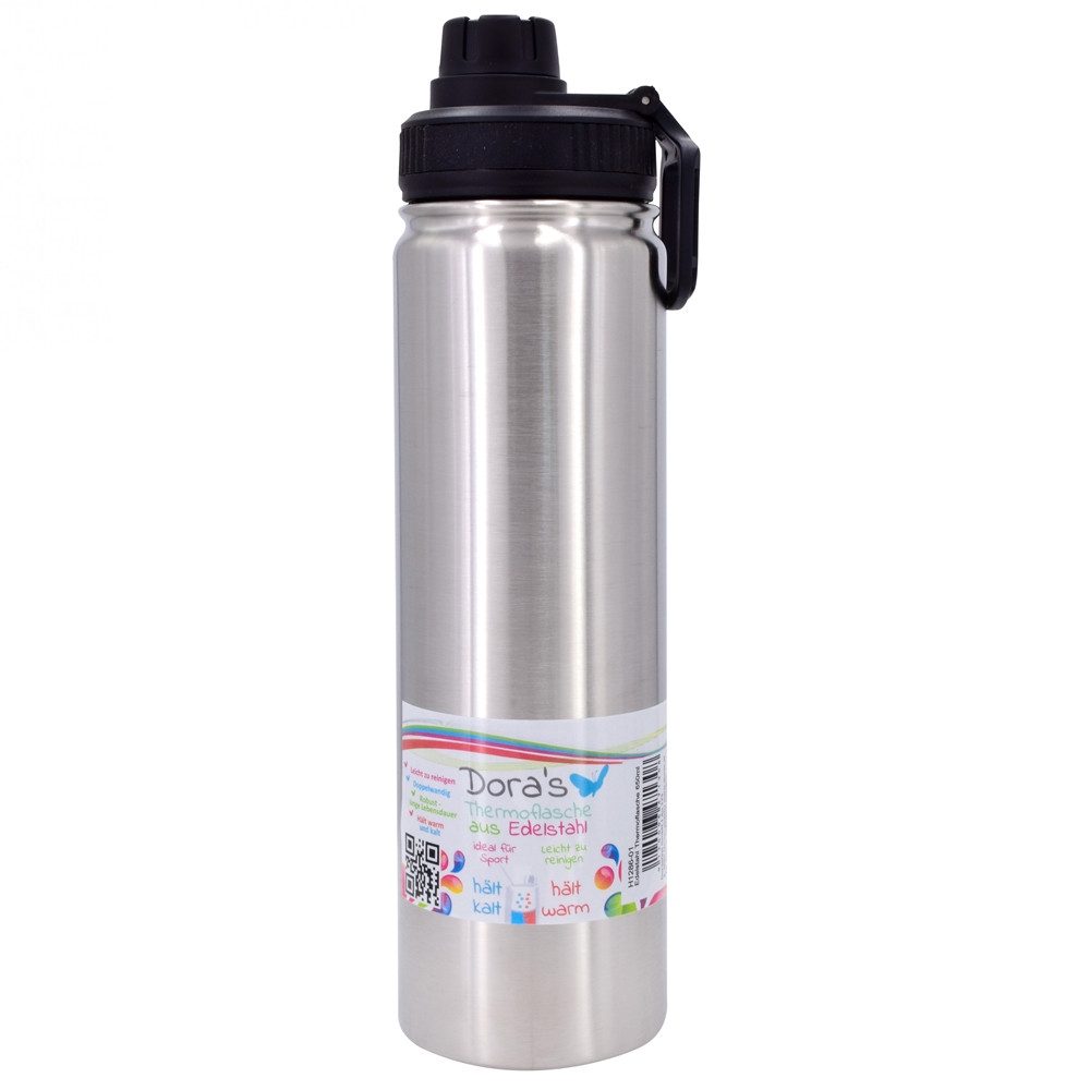 Dora's Thermoflasche Sport-Thermoflasche 0,65l – Edelstahl Trinkflasche, isoliert, Funktionaler Sportverschluss - Tragegriff am Deckel