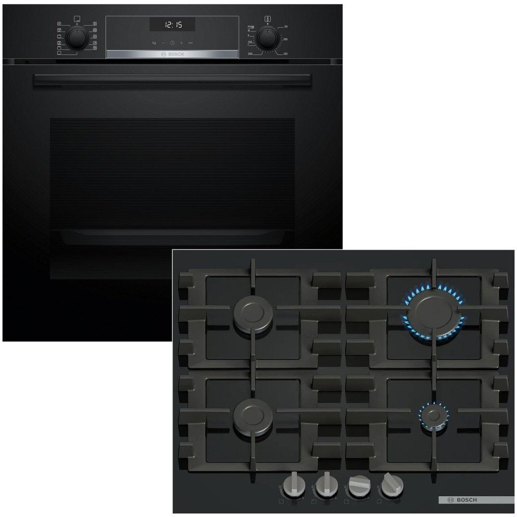 BOSCH Backofen-Set 3D Heißluft Air Fry EcoClean +Gaskochfeld Einhandzündung Zündsicherung