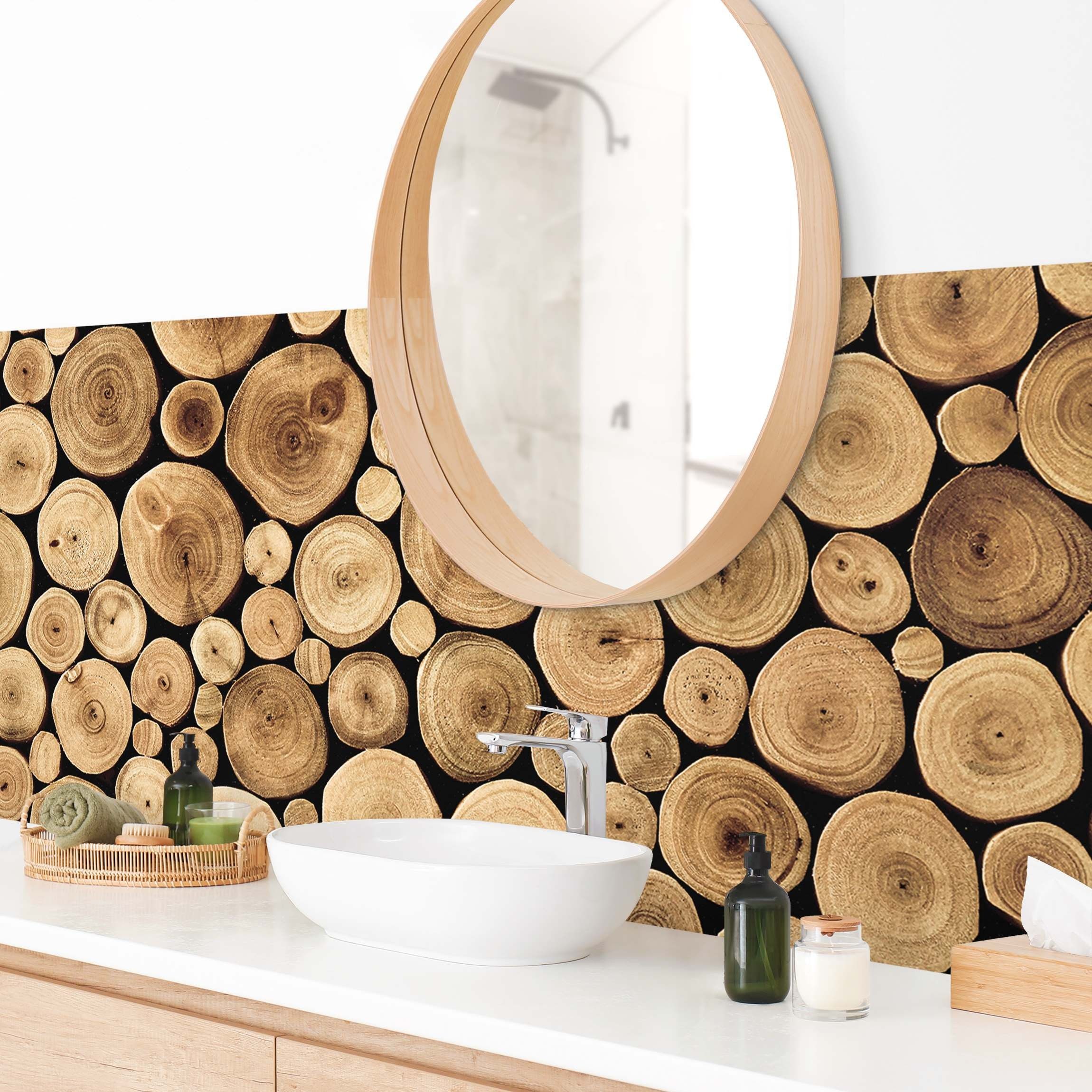 Bilderdepot24 Badrückwand braun fugenlose Wandverkleidung Bad mit Motiv, (Hartfolie matt » Selbstklebend SMART 0,35 mm), wasserfestes Wandpaneel Homey Firewood