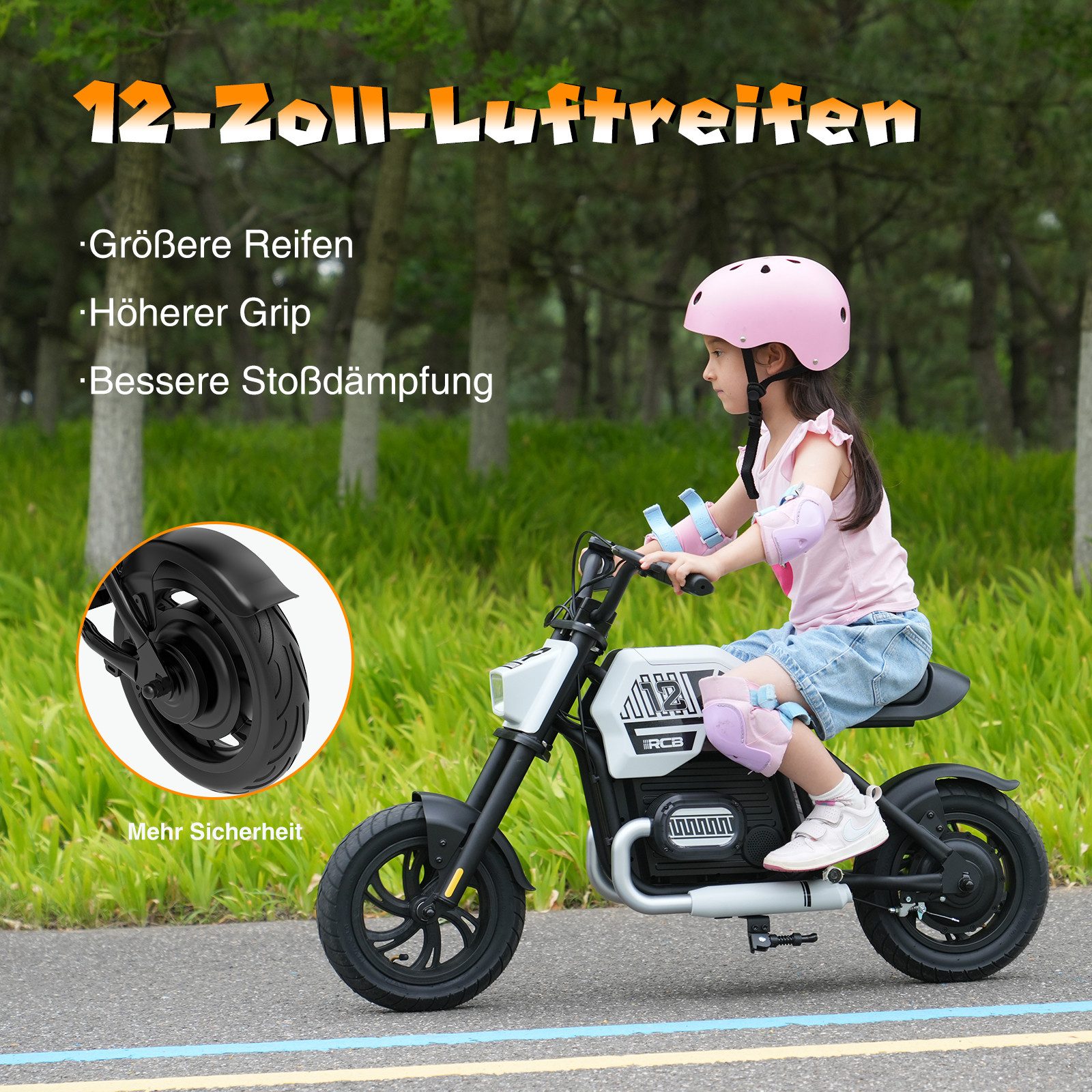 RCB TECH Elektro-Kindermotorrad R9 mit Bluetooth, 12-Zoll Reifen, 3 Stufen-10kmh/15kmh/25kmh, bis 15KM, Belastbarkeit 80 kg, Vorderlicht für mehr Sicherheit & spaßige Lichteffekte